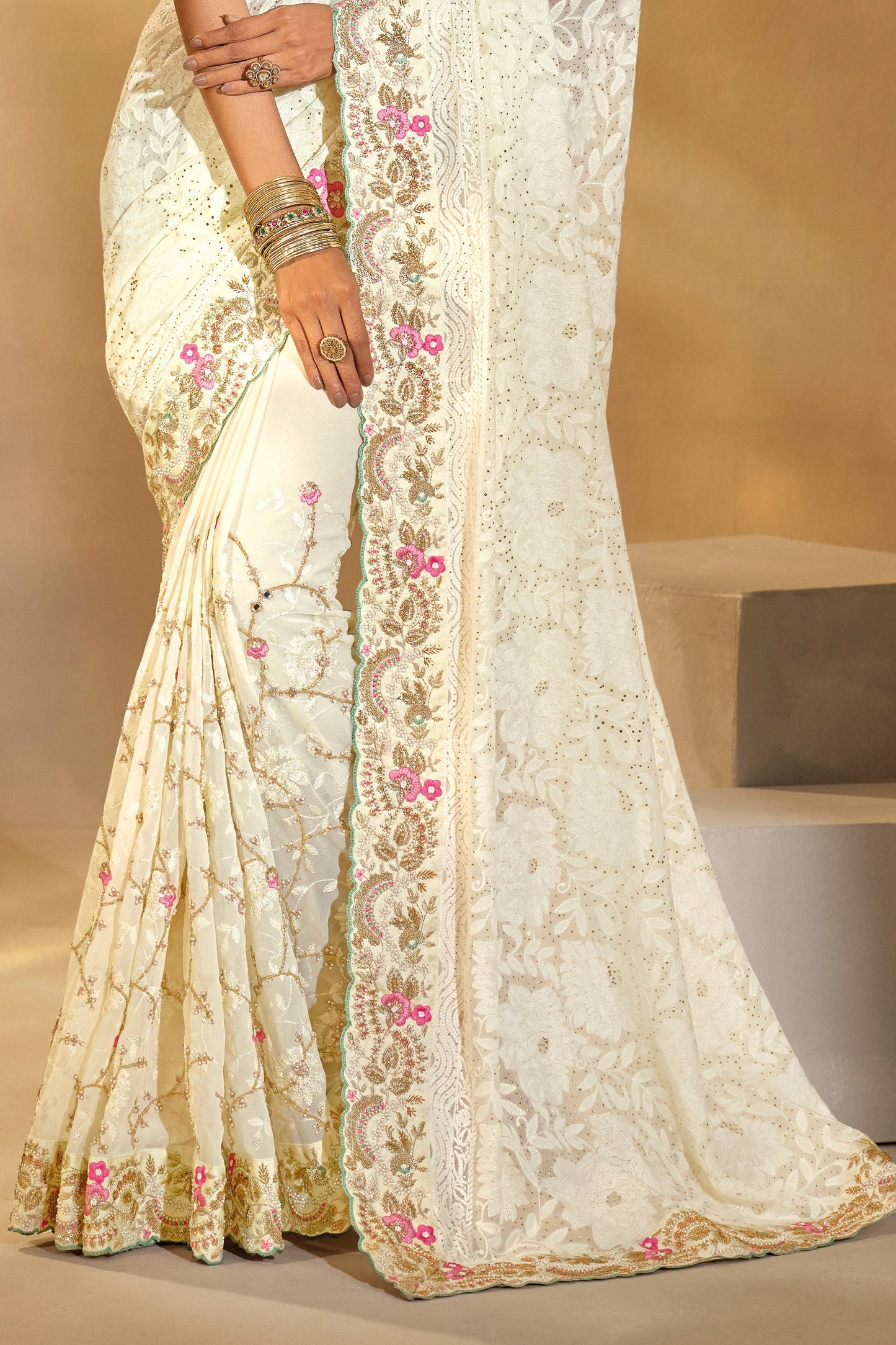Cream Embroidered Georgette Saree-SAR10614_5_SareeButa.com