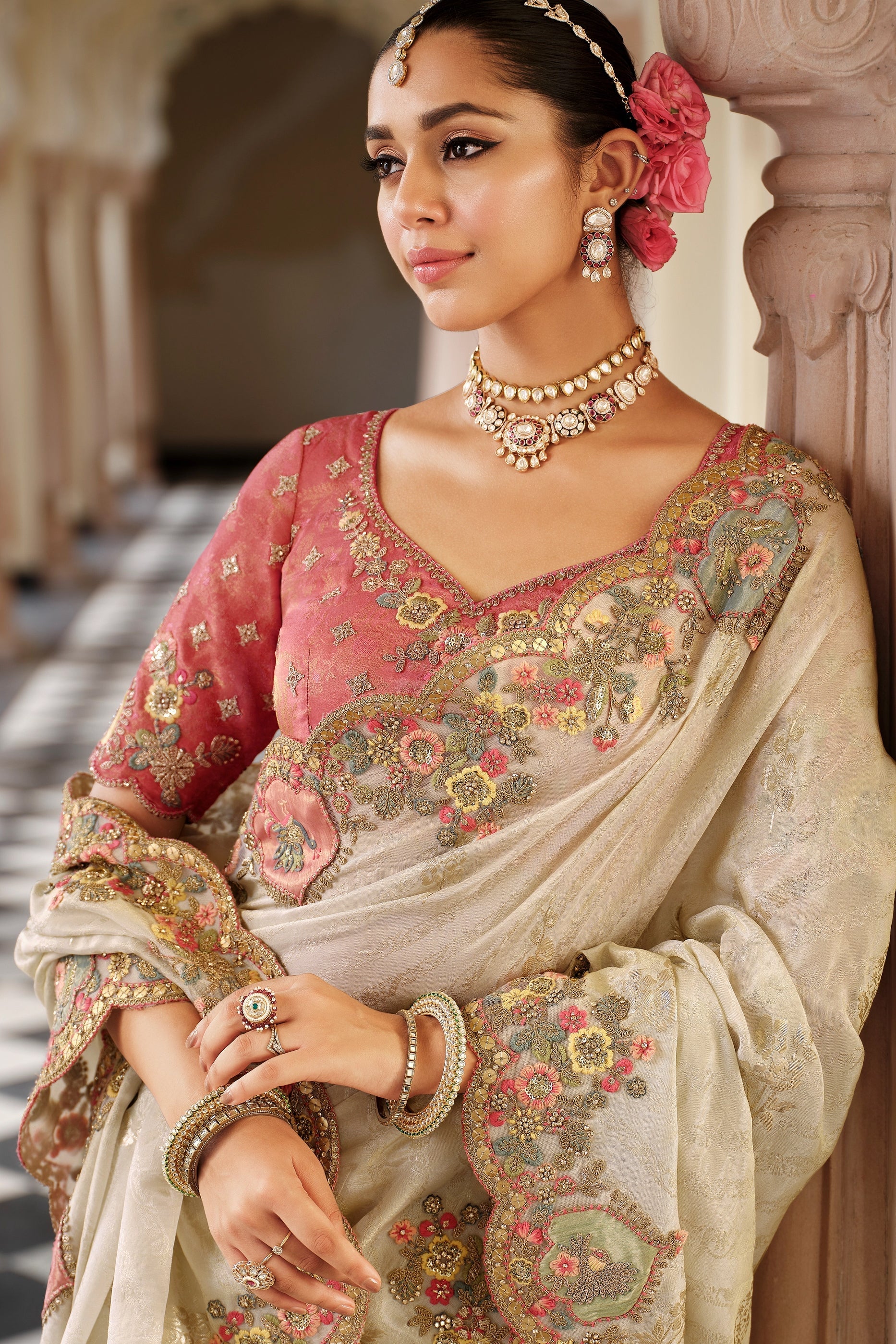 Cream Embroidered Jacquard Viscose Silk Saree-SAR10369_2_SareeButa.com