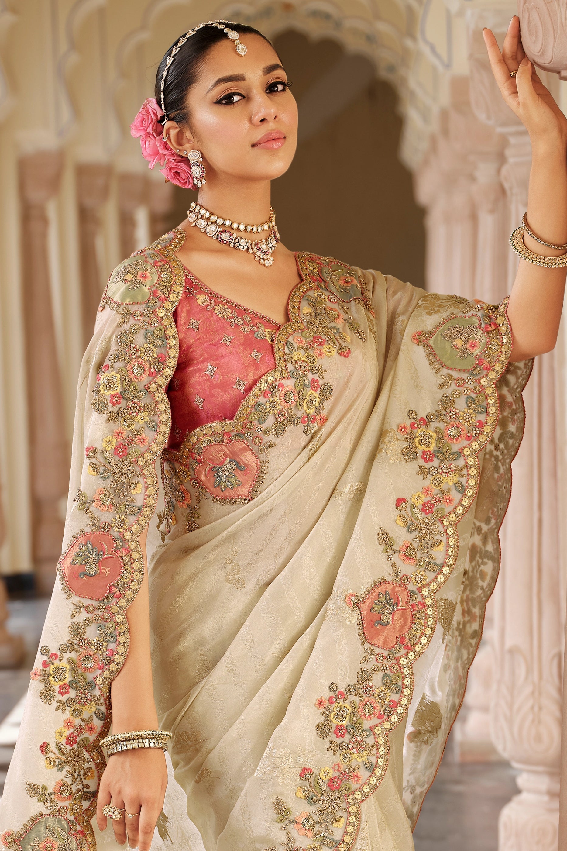 Cream Embroidered Jacquard Viscose Silk Saree-SAR10369_3_SareeButa.com