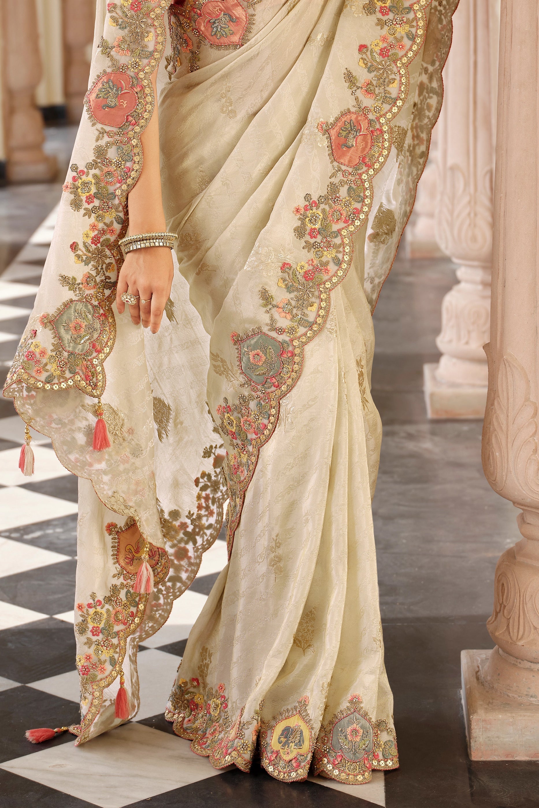 Cream Embroidered Jacquard Viscose Silk Saree-SAR10369_4_SareeButa.com