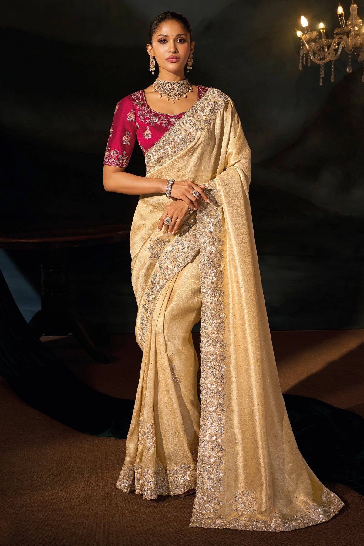 Cream Embroidered Kanjivaram Silk Saree-SAR13260_1_SareeButa.com