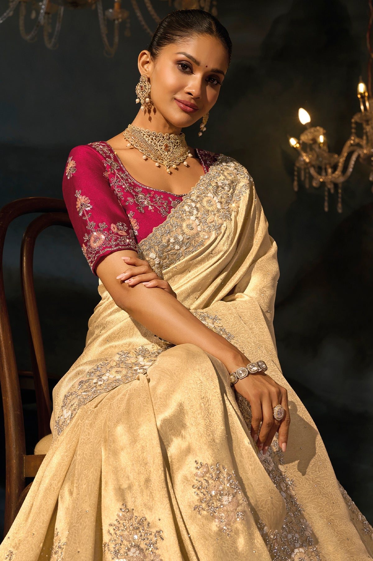 Cream Embroidered Kanjivaram Silk Saree-SAR13260_2_SareeButa.com