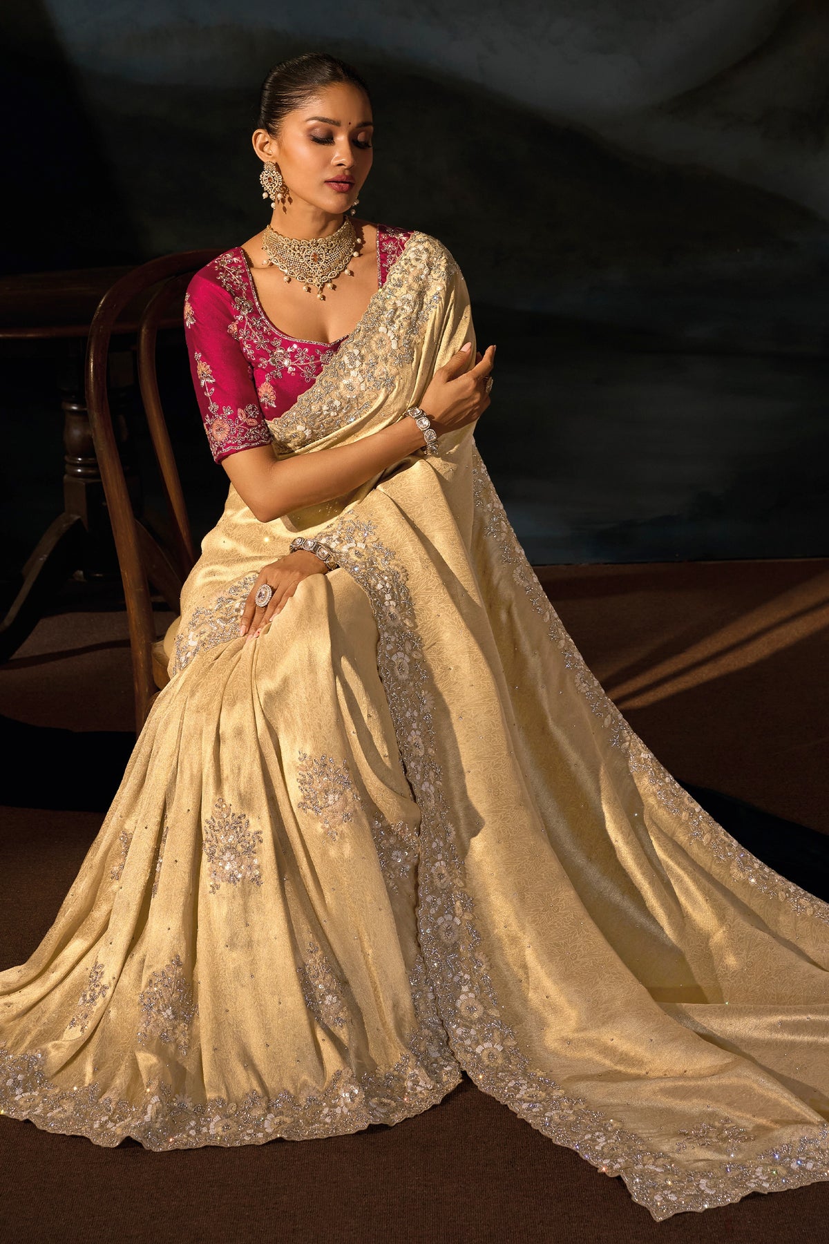 Cream Embroidered Kanjivaram Silk Saree-SAR13260_3_SareeButa.com