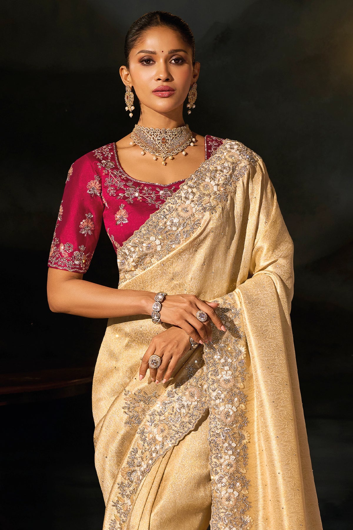 Cream Embroidered Kanjivaram Silk Saree-SAR13260_4_SareeButa.com