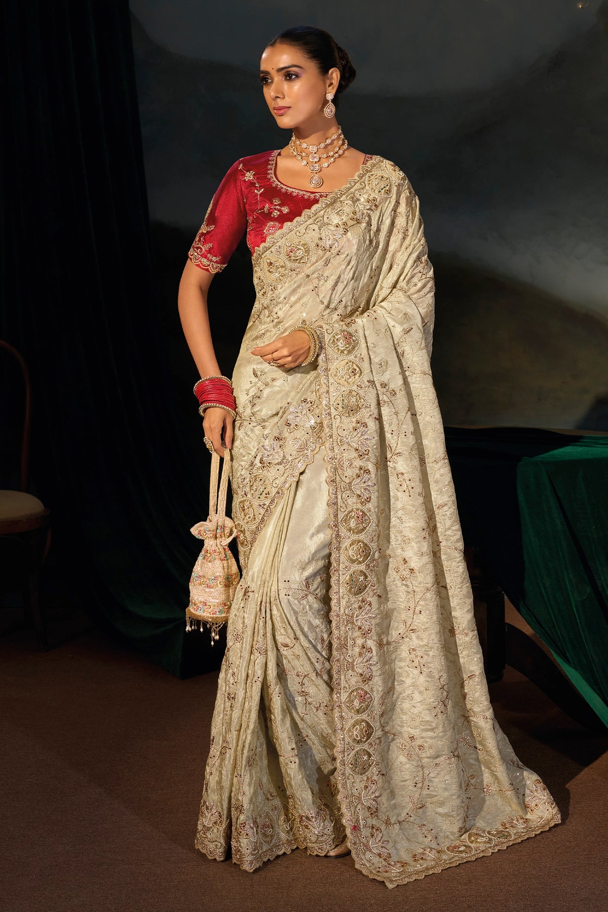 Cream Embroidered Kanjivaram Silk Saree-SAR13266_1_SareeButa.com