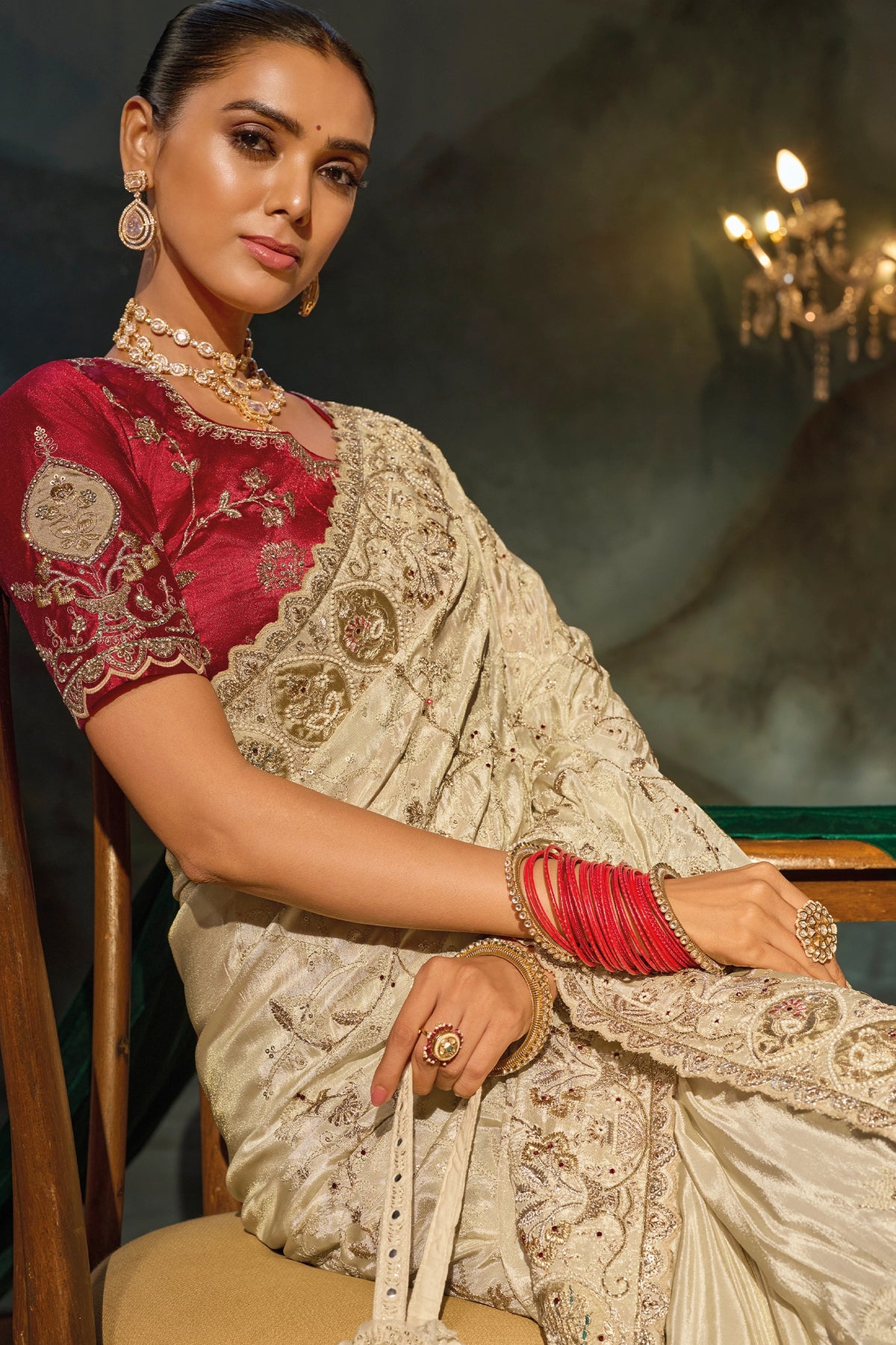 Cream Embroidered Kanjivaram Silk Saree-SAR13266_2_SareeButa.com