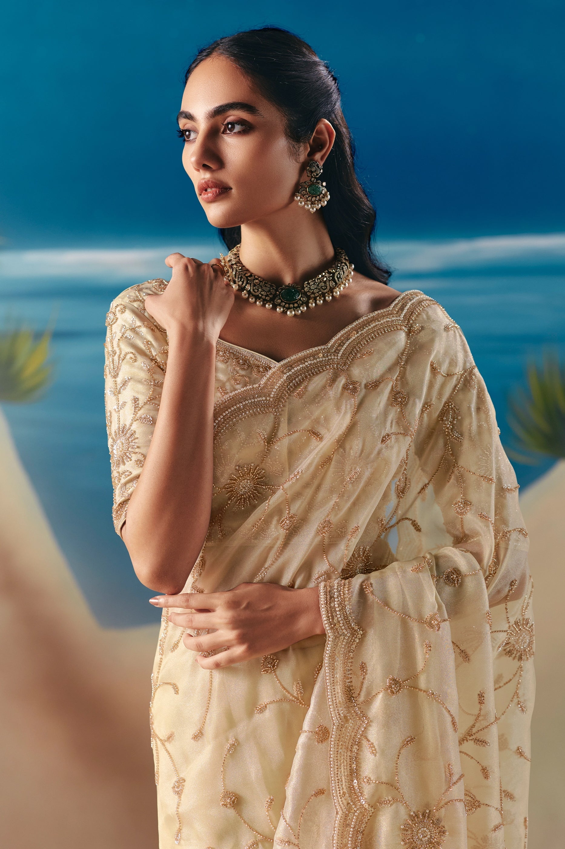 Cream Embroidered Satin Organza Saree-SAR11043_2_SareeButa.com