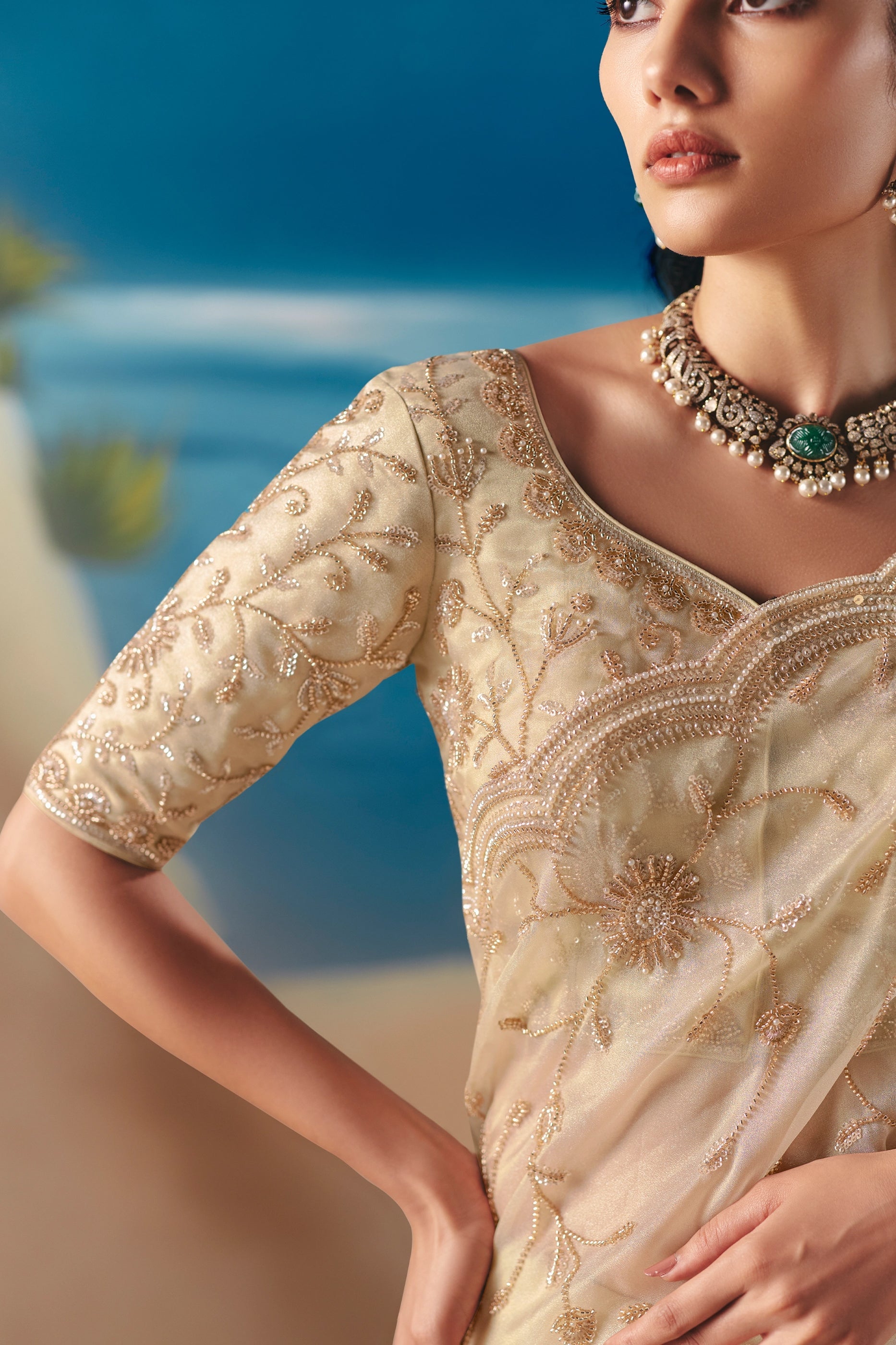 Cream Embroidered Satin Organza Saree-SAR11043_3_SareeButa.com