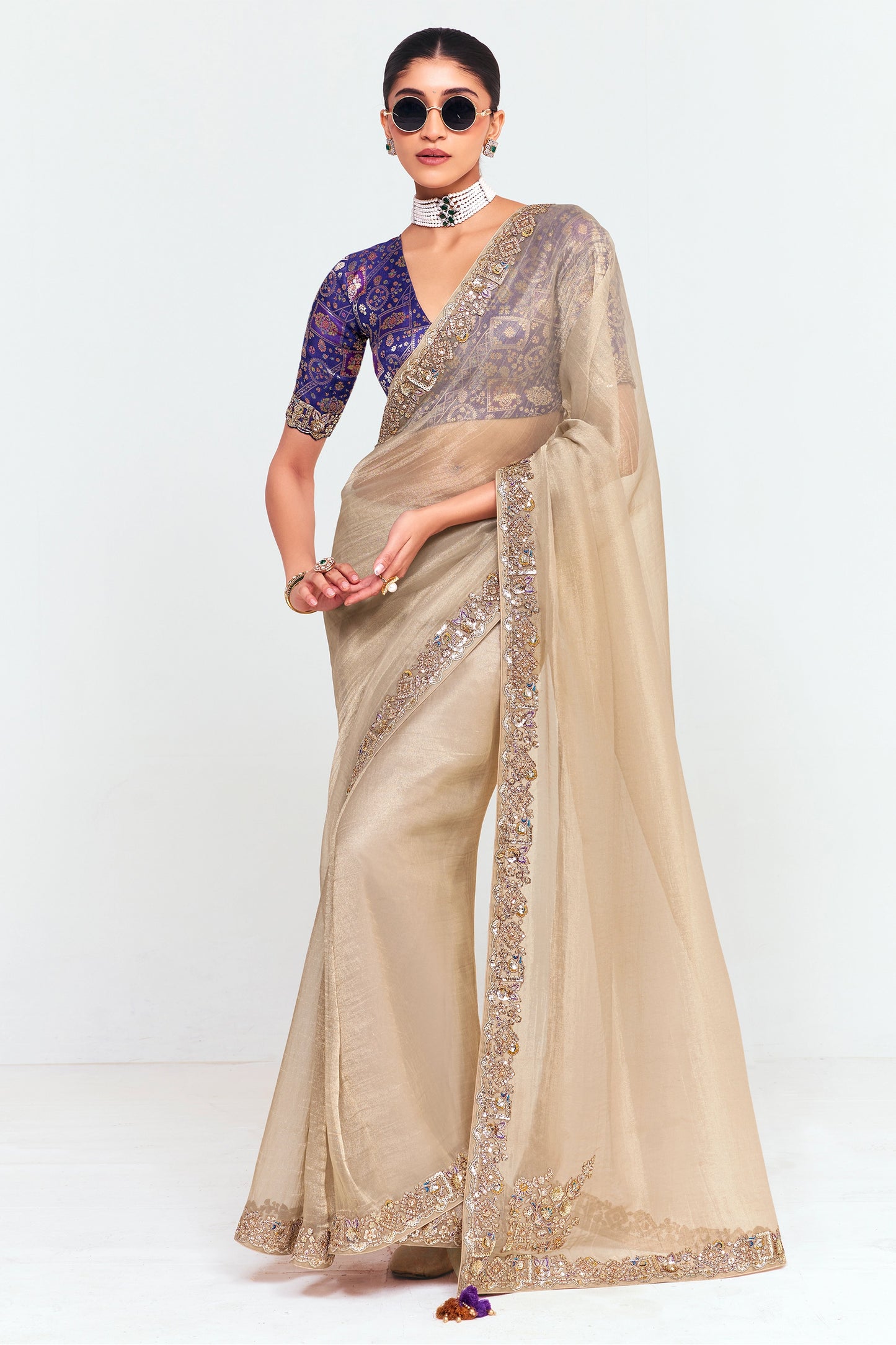 Cream Embroidered Satin Organza Saree-SAR12243_1_SareeButa.com
