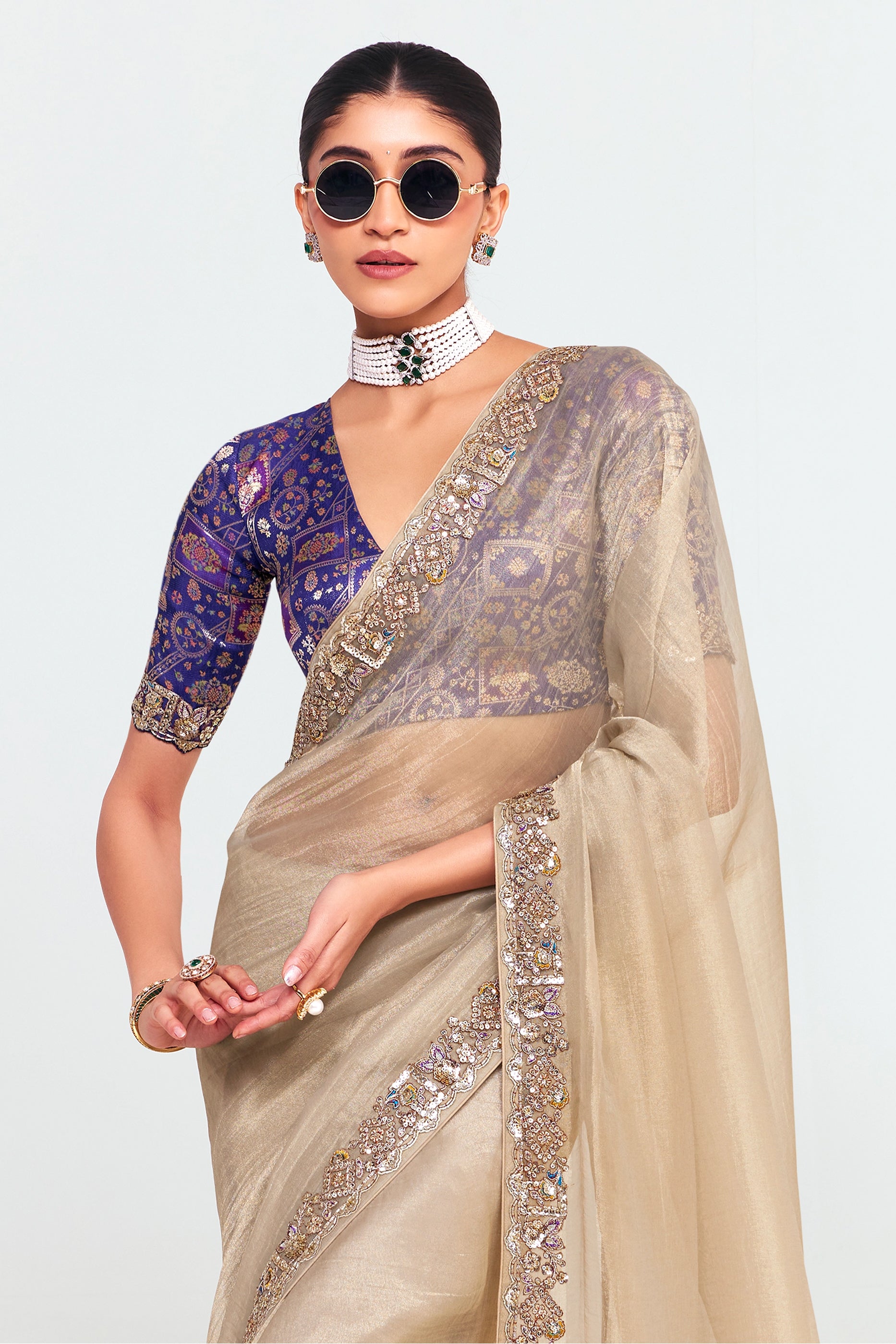 Cream Embroidered Satin Organza Saree-SAR12243_4_SareeButa.com