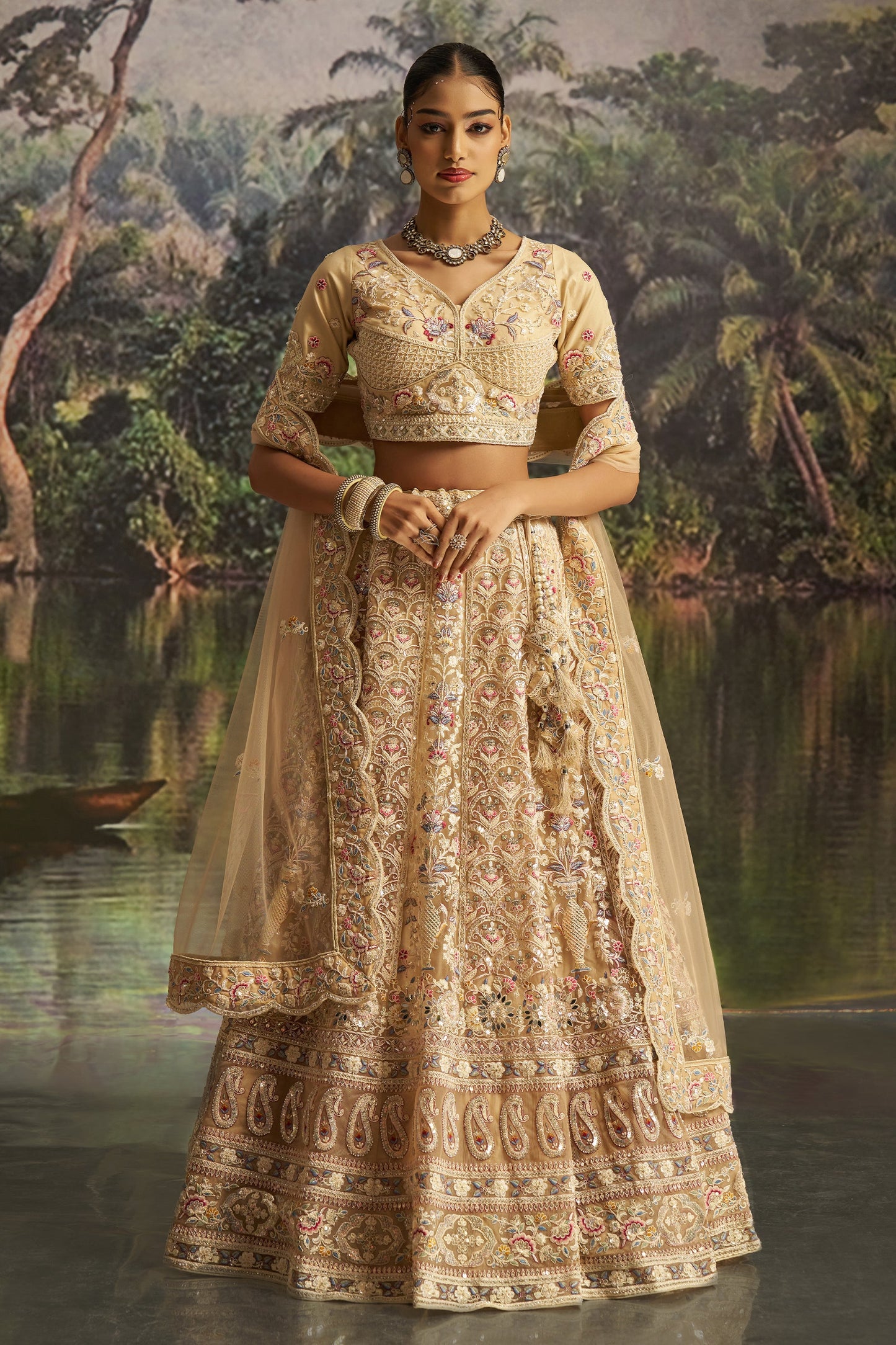 Cream Embroidered Sequinced Semi-Stitched Lehenga-SAR10354_1_SareeButa.com