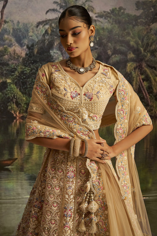 Cream Embroidered Sequinced Semi-Stitched Lehenga-SAR10354_2_SareeButa.com