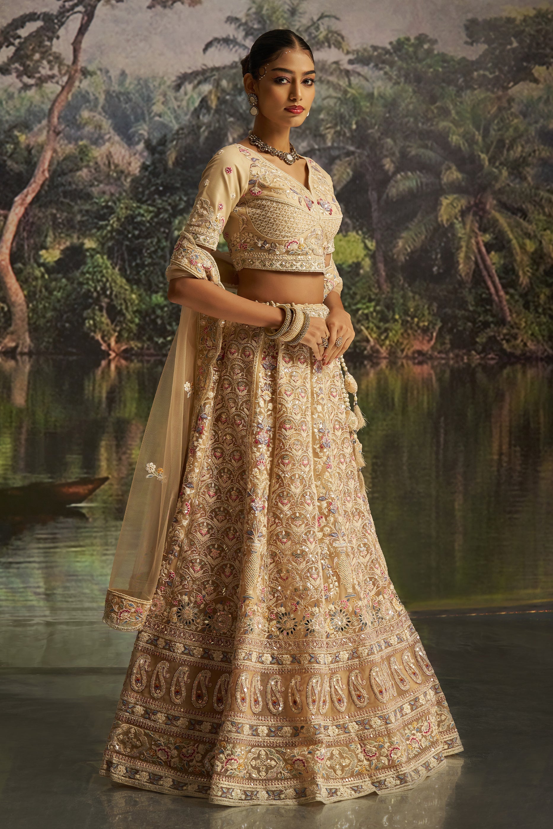 Cream Embroidered Sequinced Semi-Stitched Lehenga-SAR10354_3_SareeButa.com