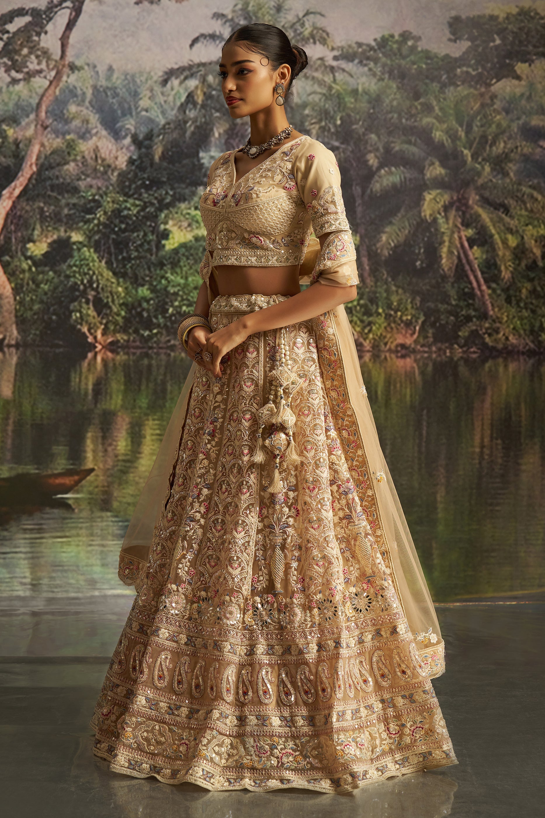 Cream Embroidered Sequinced Semi-Stitched Lehenga-SAR10354_4_SareeButa.com