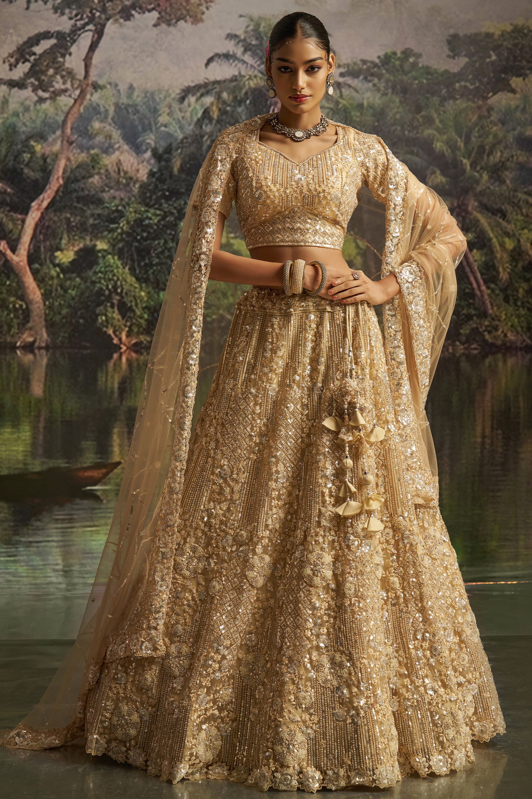 Cream Embroidered Sequinced Semi-Stitched Lehenga-SAR10356_1_SareeButa.com