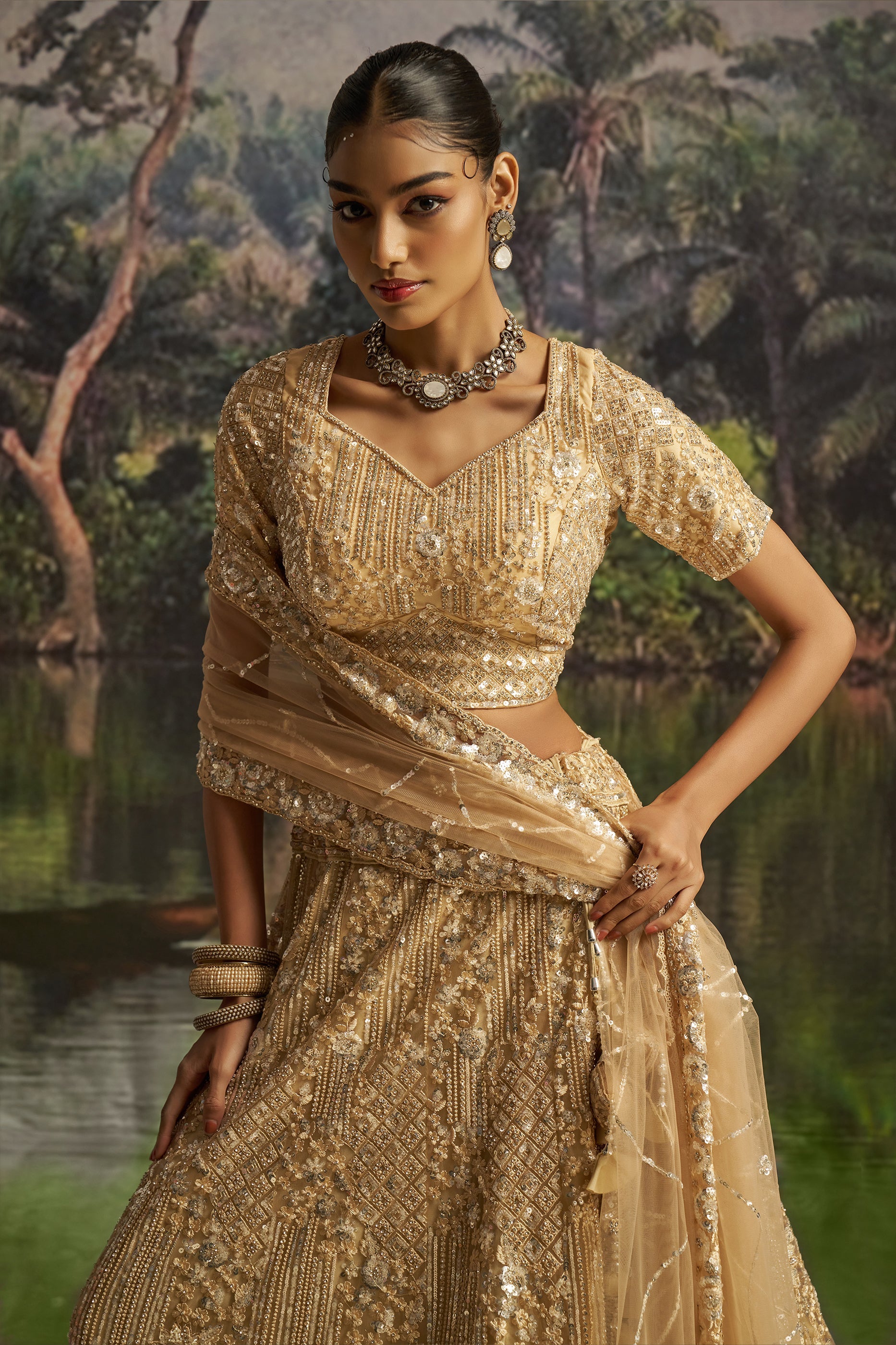 Cream Embroidered Sequinced Semi-Stitched Lehenga-SAR10356_2_SareeButa.com
