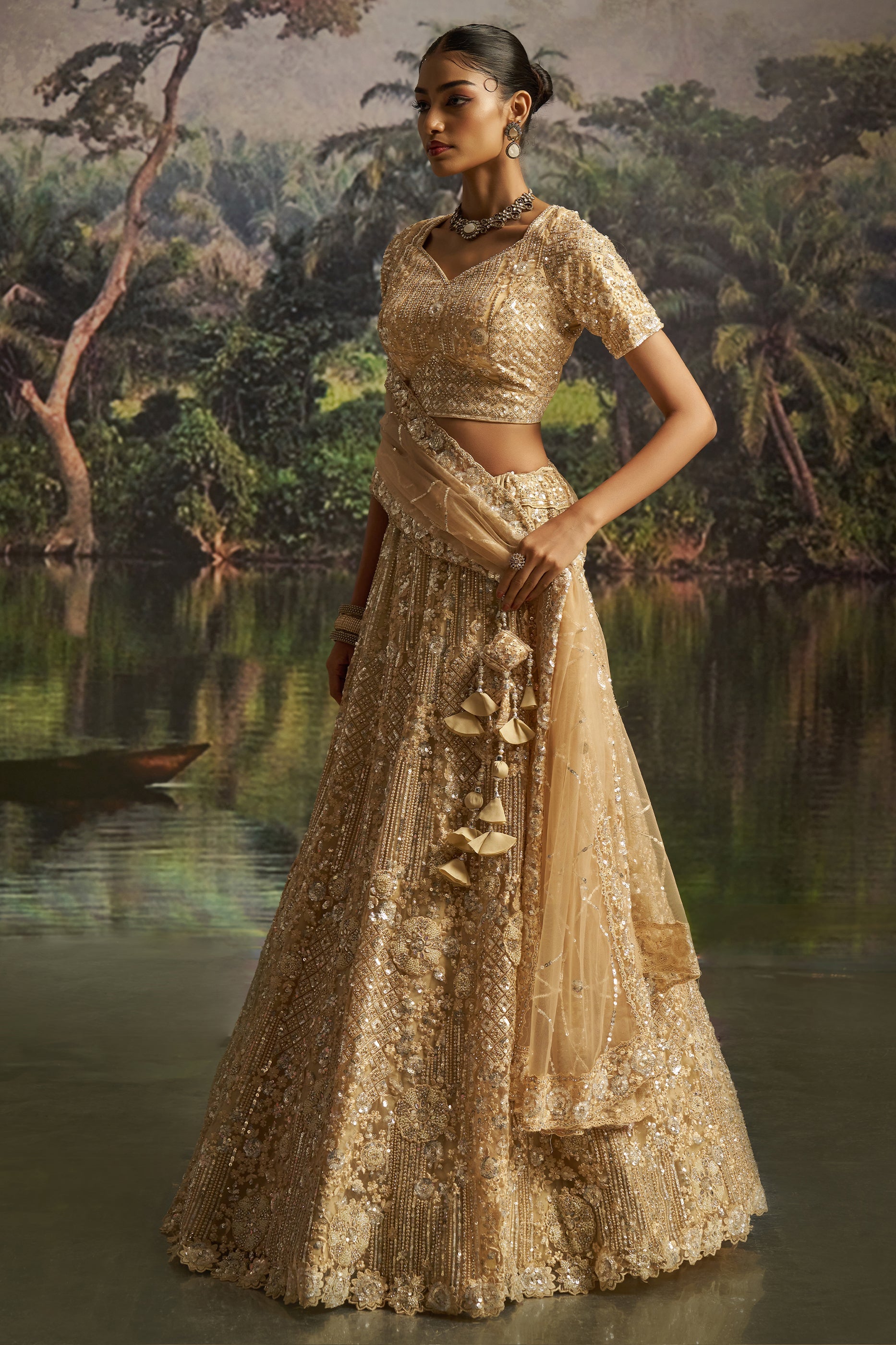 Cream Embroidered Sequinced Semi-Stitched Lehenga-SAR10356_4_SareeButa.com