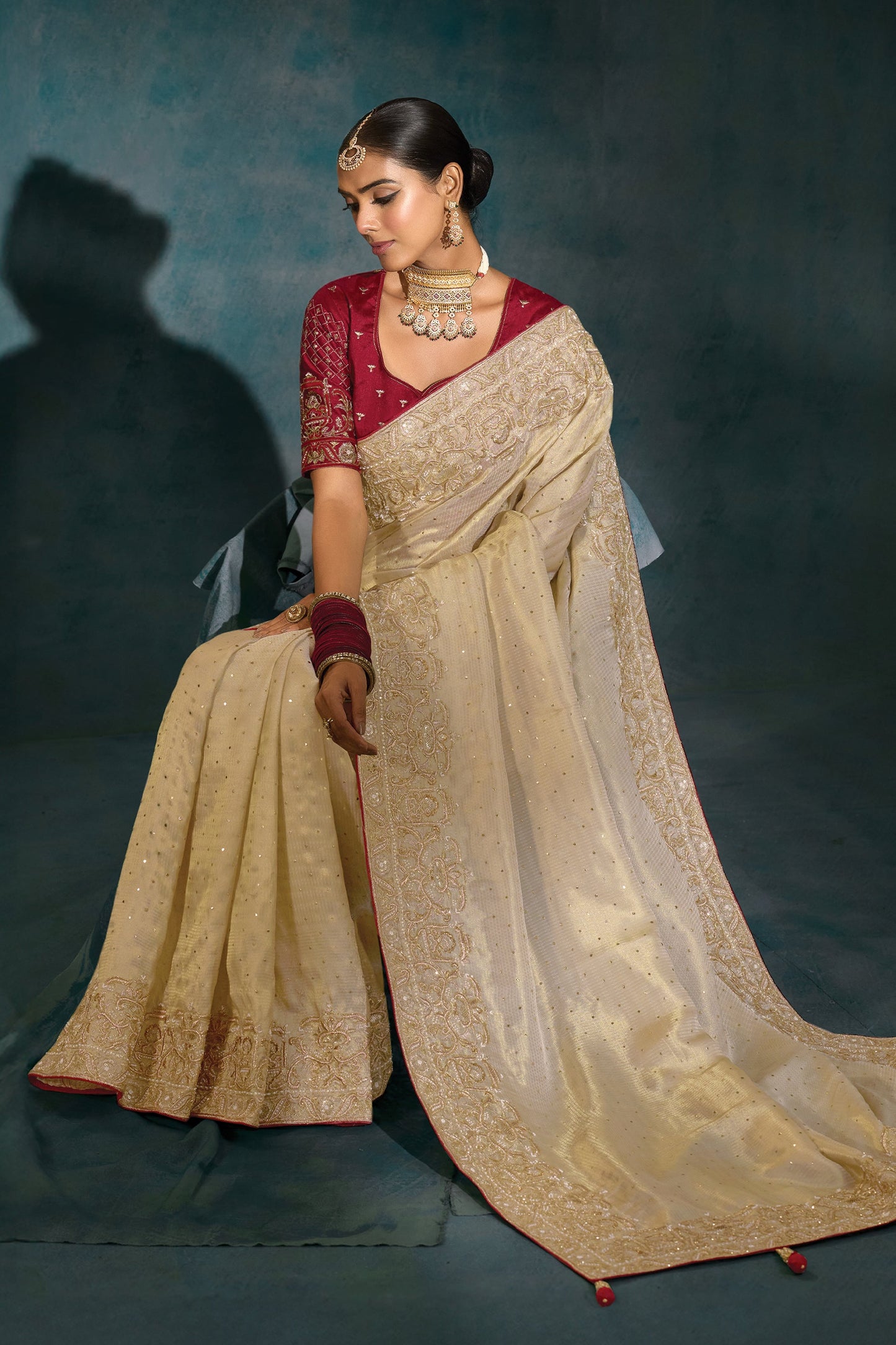 Cream Embroidered Silk Saree-SAR10396_2_SareeButa.com