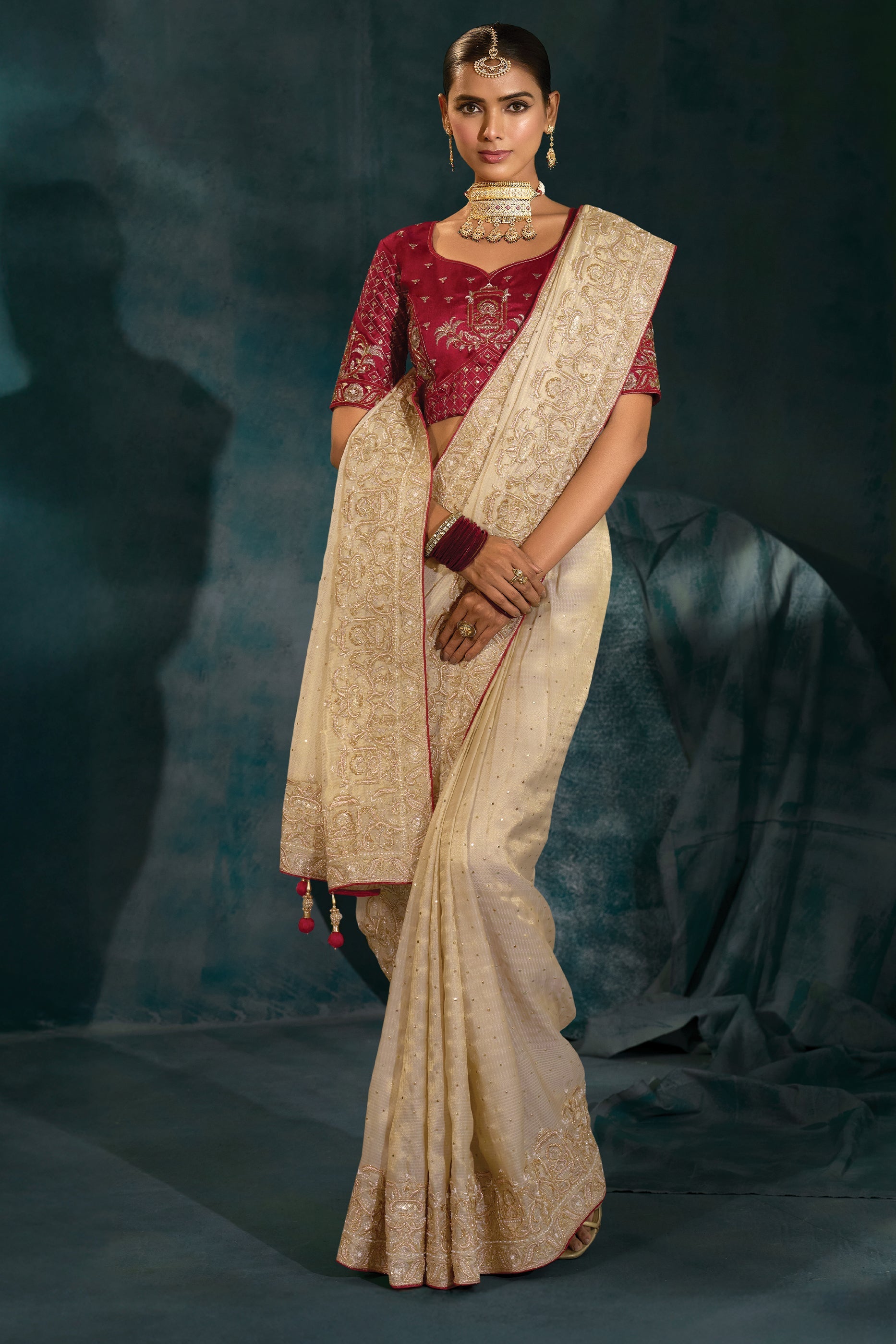 Cream Embroidered Silk Saree-SAR10396_4_SareeButa.com