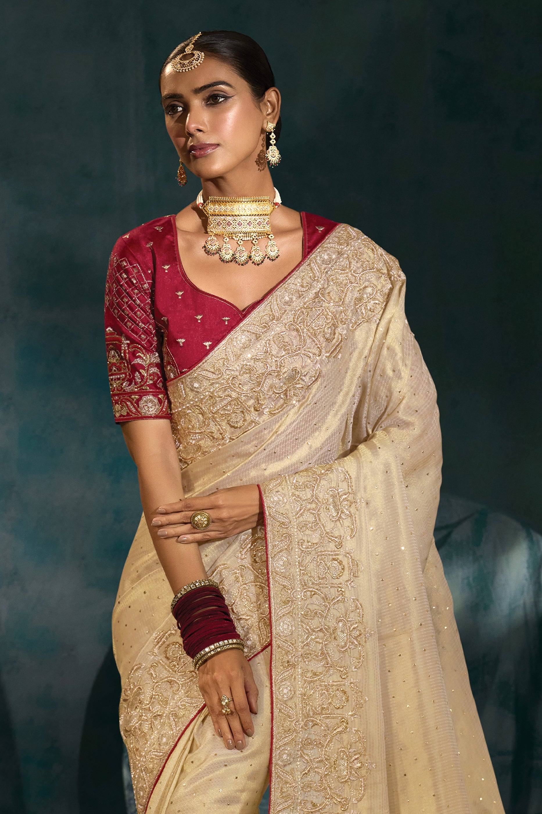 Cream Embroidered Silk Saree-SAR10396_5_SareeButa.com