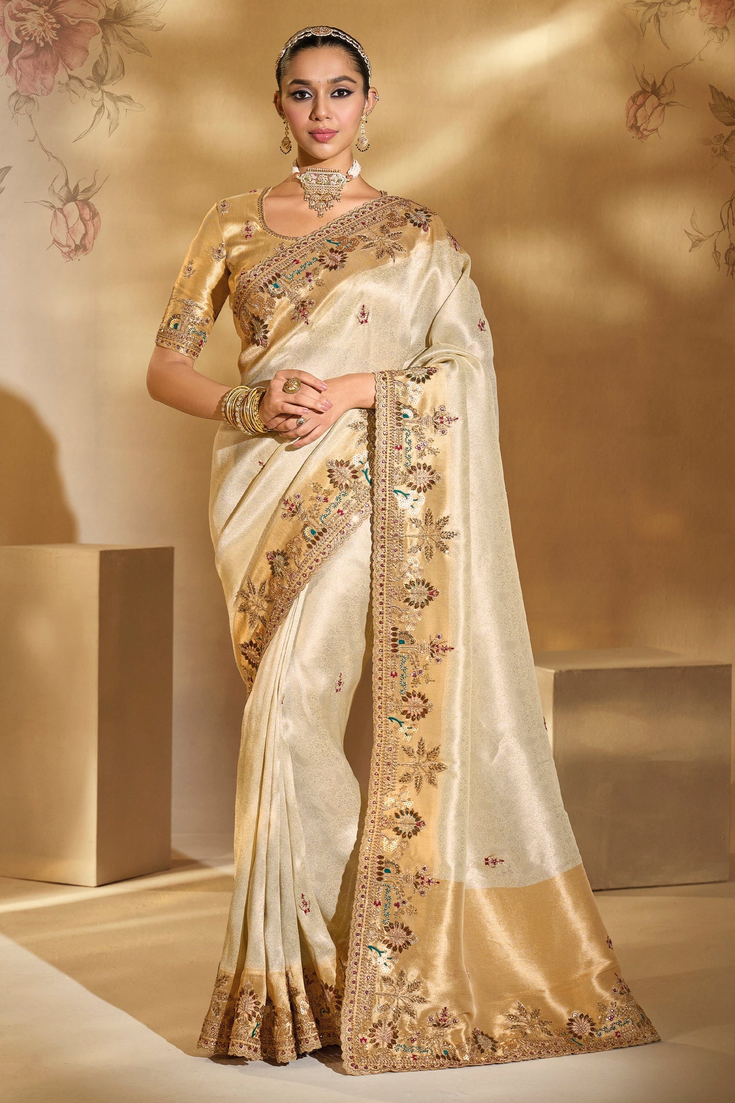 Cream Embroidered Woven Silk Saree-SAR10610_1_SareeButa.com