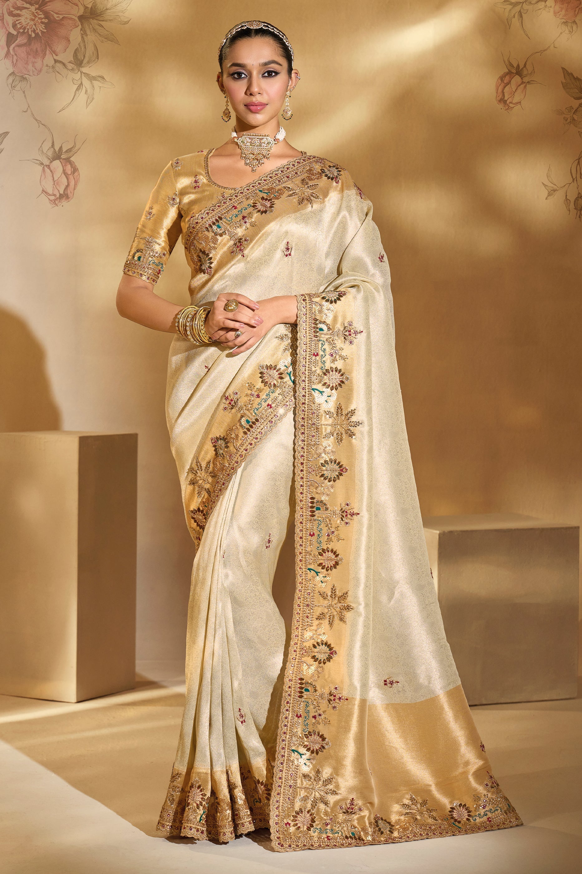 Cream Embroidered Woven Silk Saree-SAR10610_1_SareeButa.com