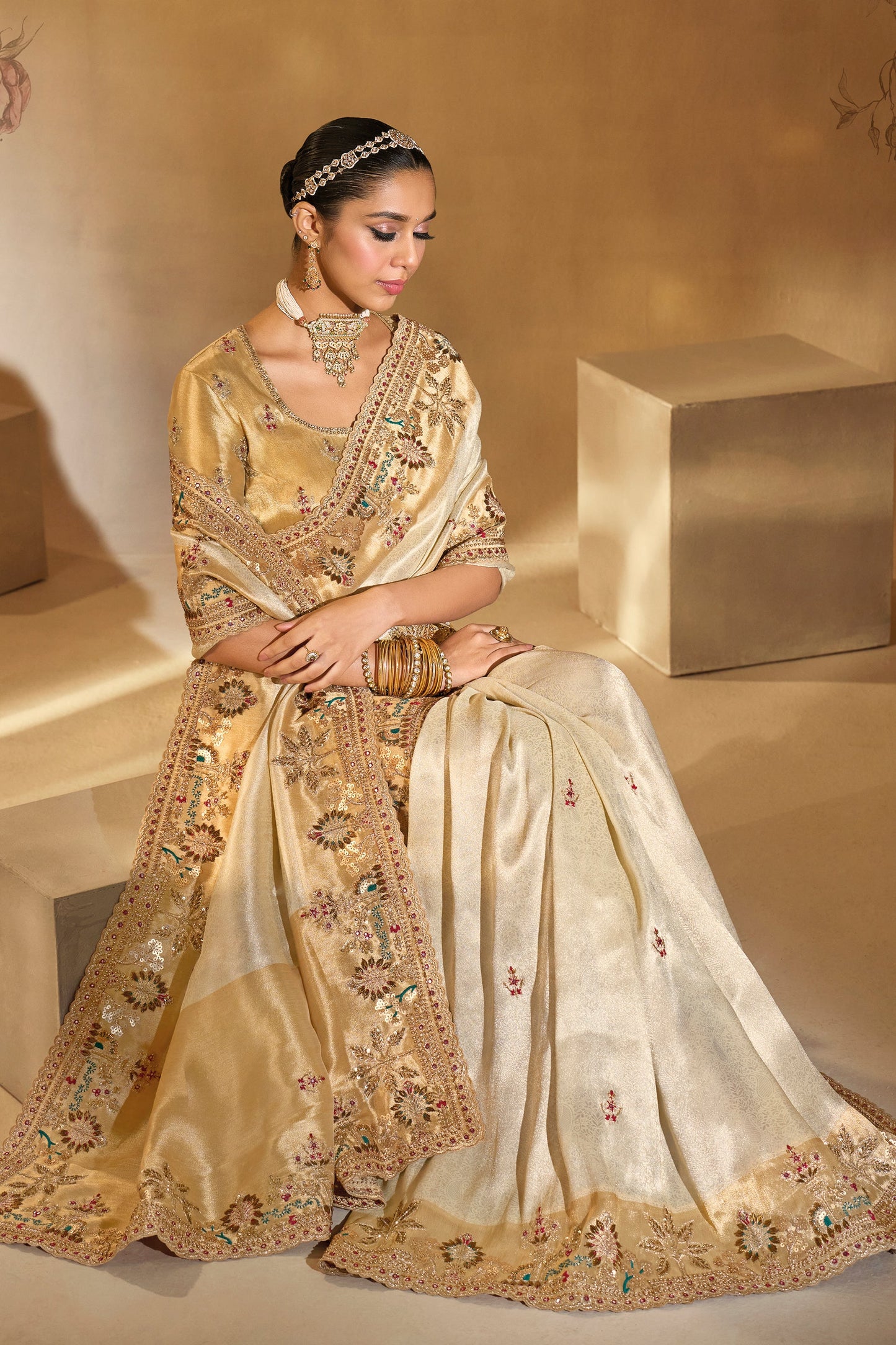 Cream Embroidered Woven Silk Saree-SAR10610_2_SareeButa.com