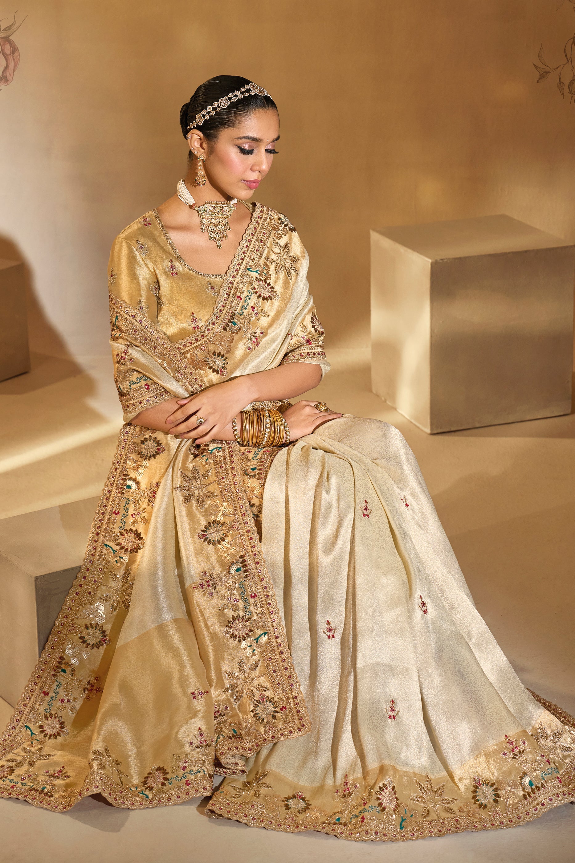 Cream Embroidered Woven Silk Saree-SAR10610_2_SareeButa.com