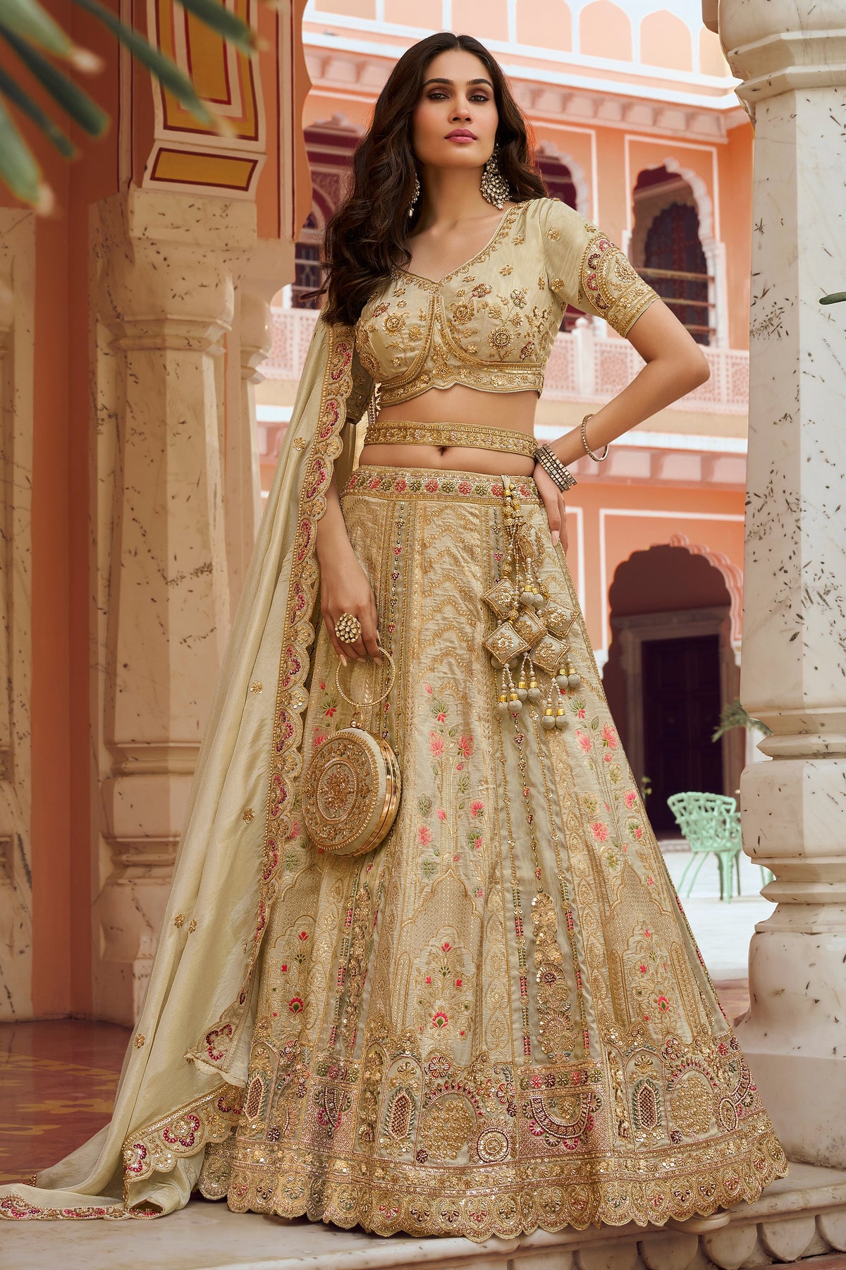 Cream Gold Heavy Work Banarasi Silk Lehenga-SAR13271_1_SareeButa.com