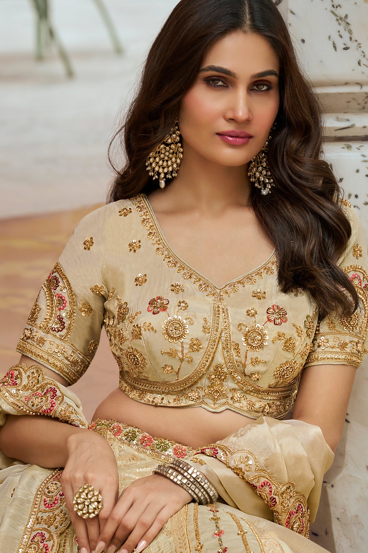 Cream Gold Heavy Work Banarasi Silk Lehenga-SAR13271_3_SareeButa.com