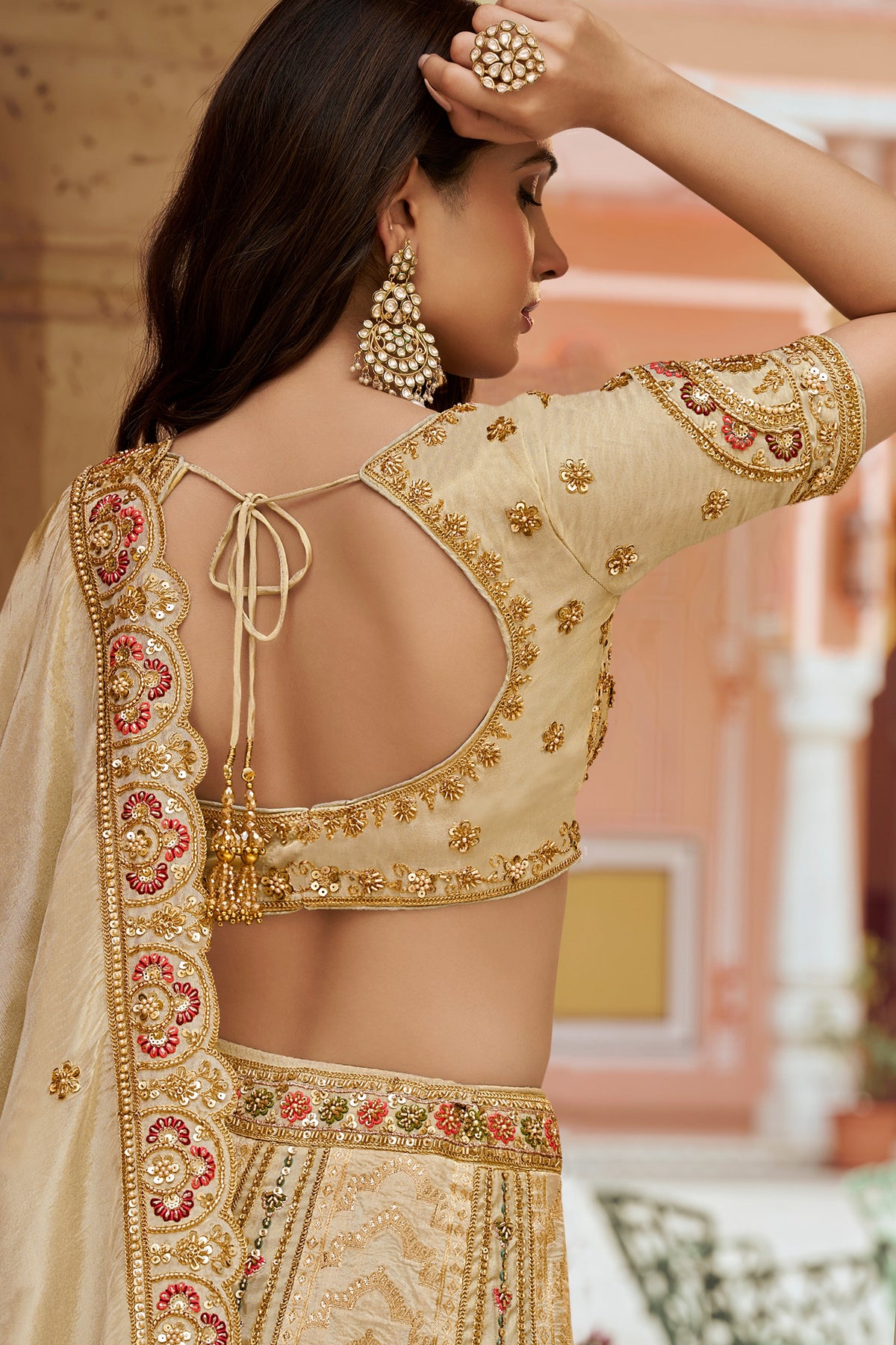 Cream Gold Heavy Work Banarasi Silk Lehenga-SAR13271_4_SareeButa.com