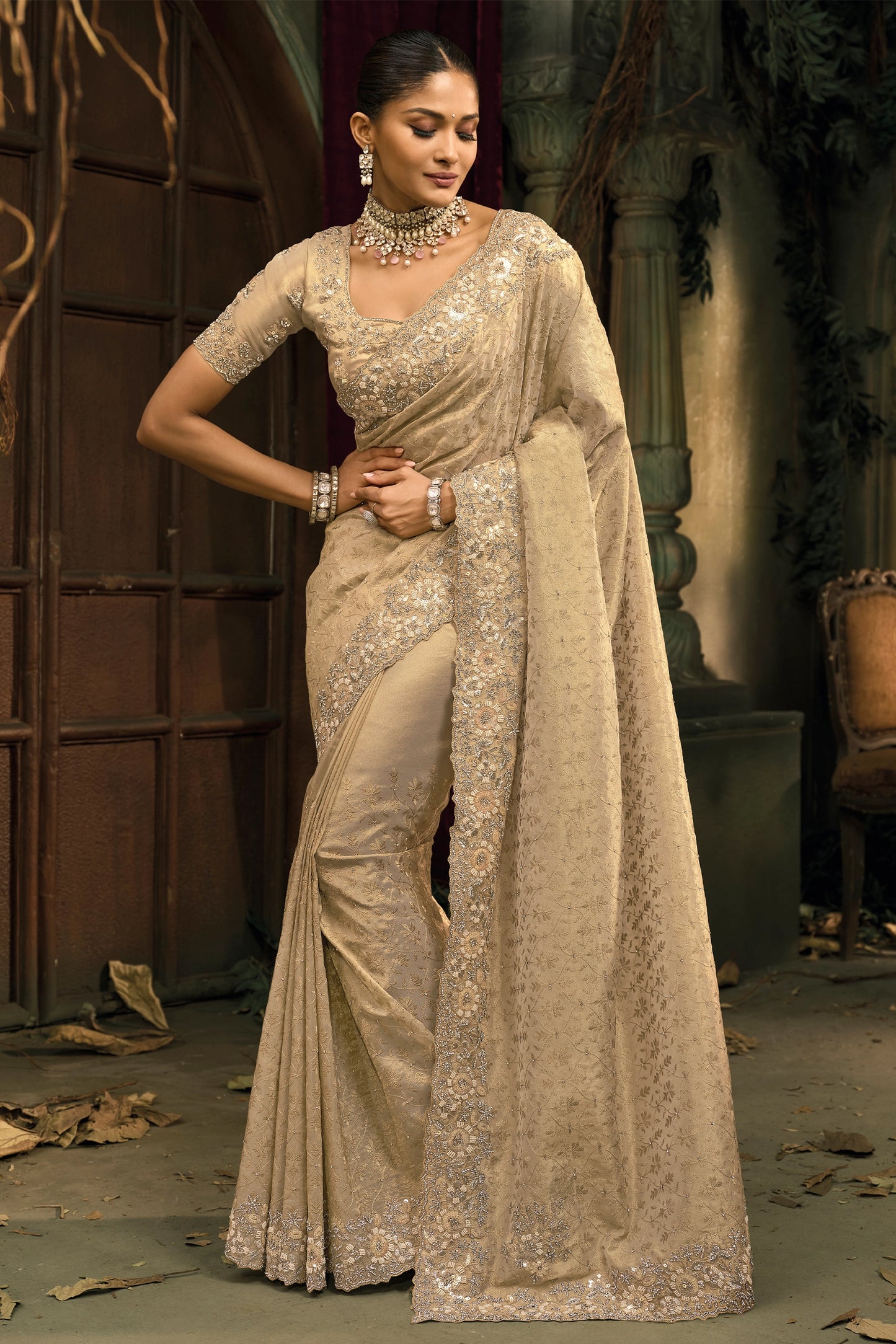 Cream Lucknowi Kanjivaram Silk Saree-SAR12045_1_SareeButa.com