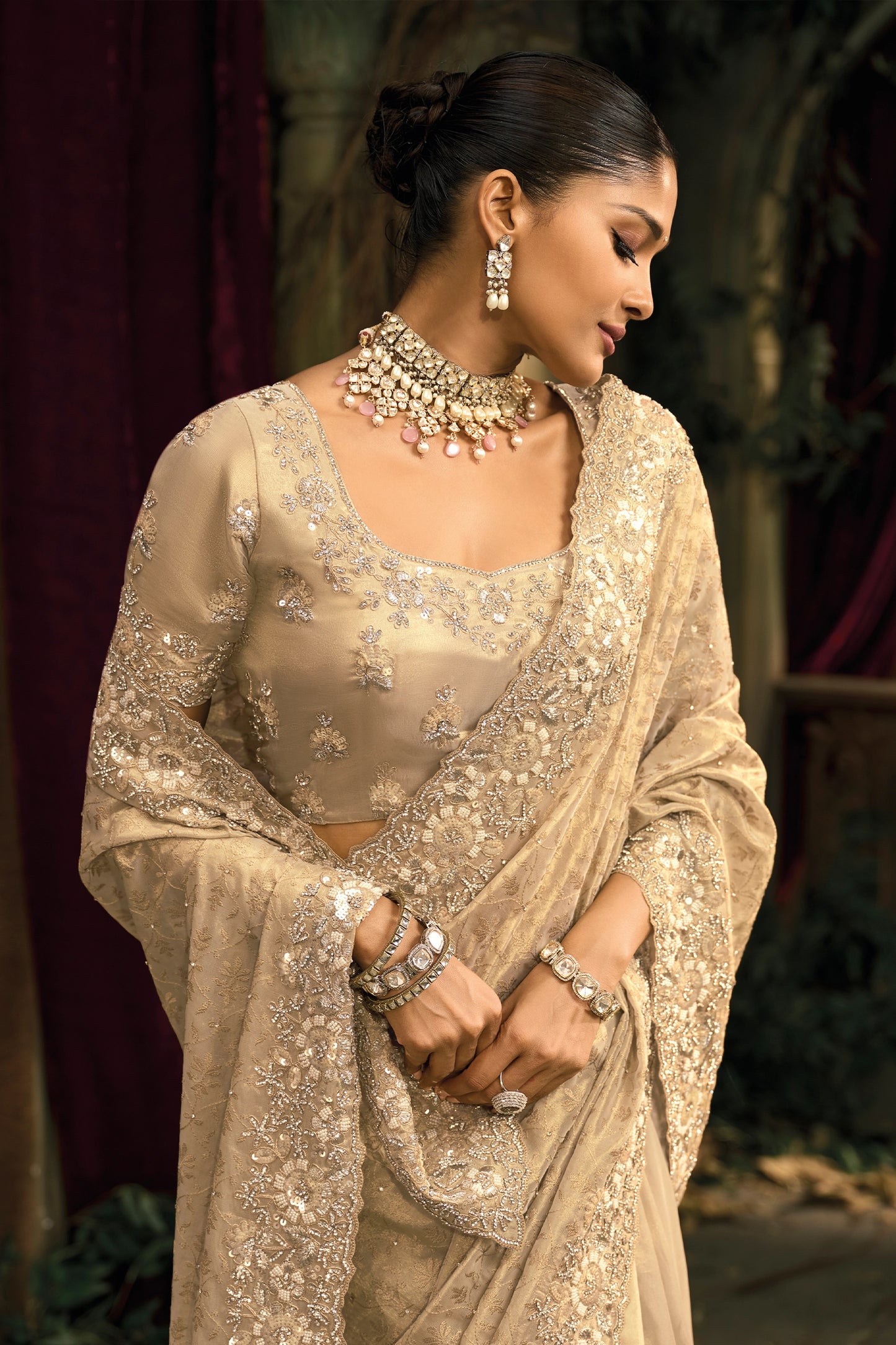 Cream Lucknowi Kanjivaram Silk Saree-SAR12045_3_SareeButa.com