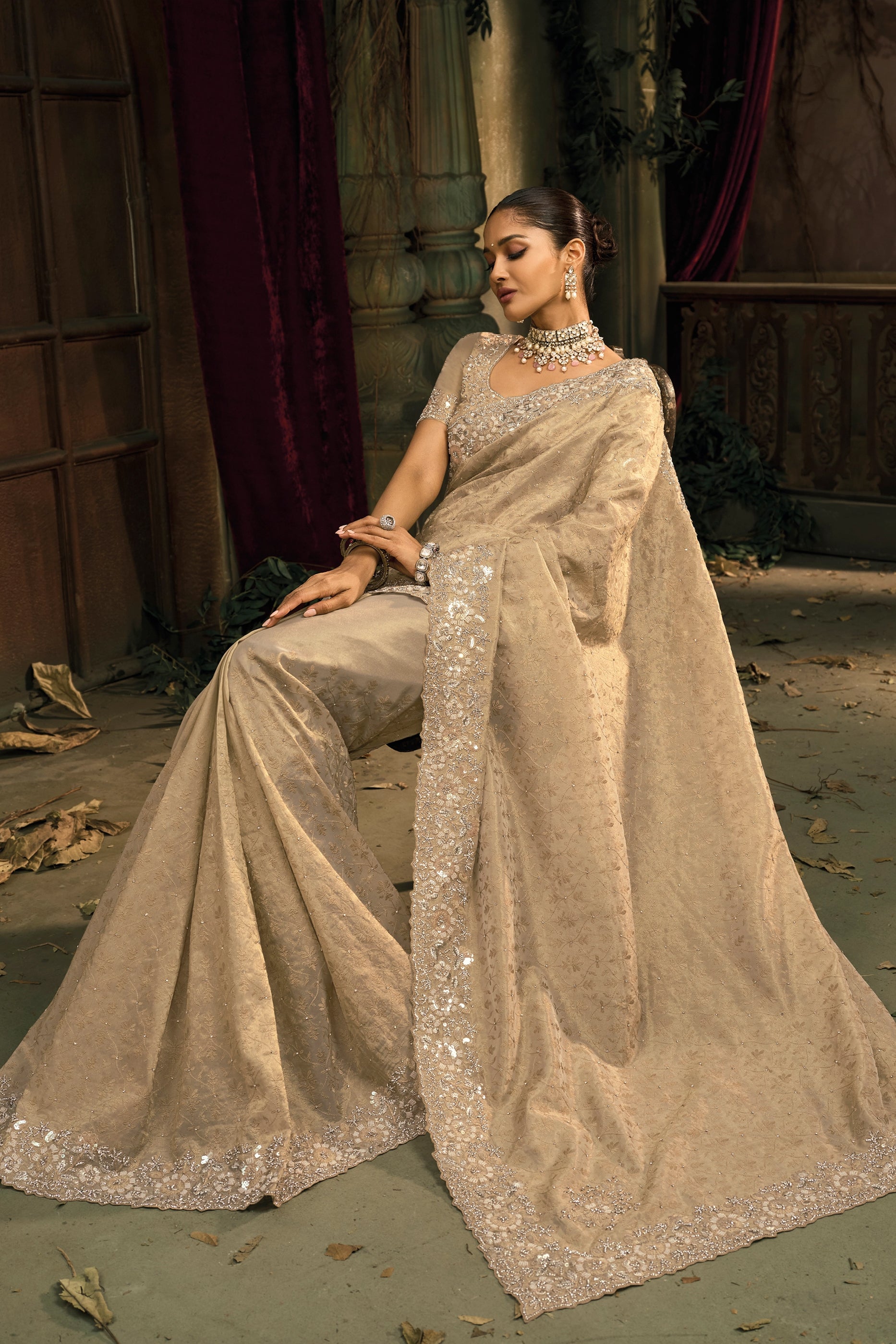 Cream Lucknowi Kanjivaram Silk Saree-SAR12045_4_SareeButa.com