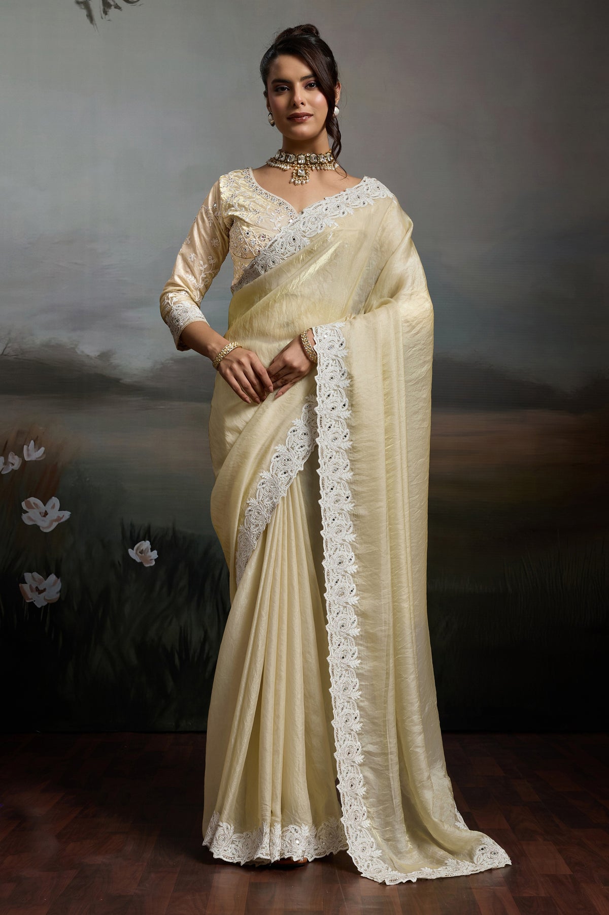 Cream Metallic Satin Velvet Saree-SAR12921_1_SareeButa.com