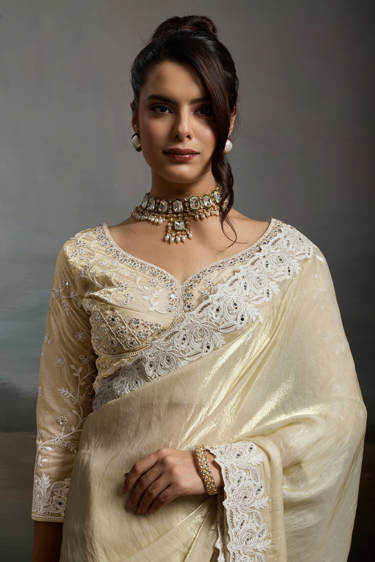 Cream Metallic Satin Velvet Saree-SAR12921_2_SareeButa.com
