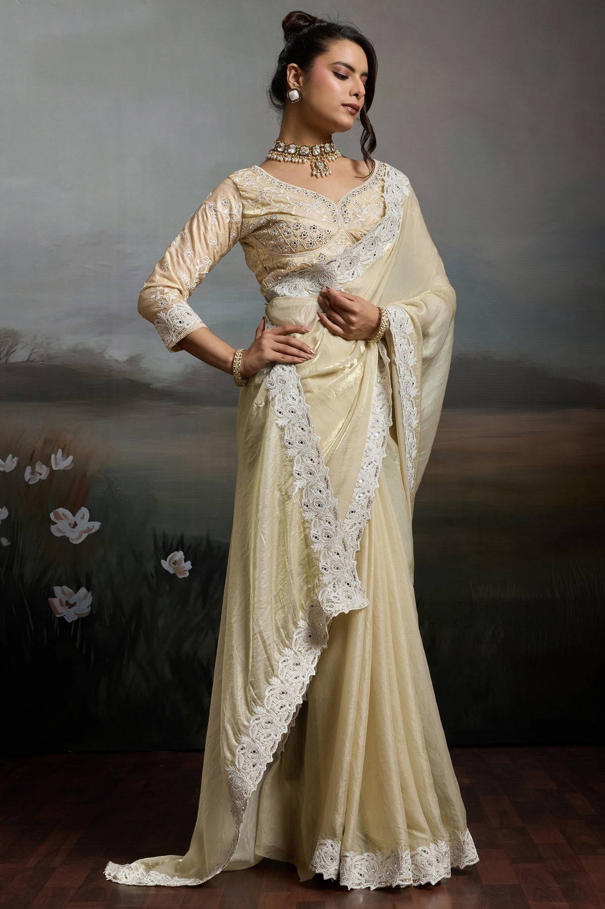 Cream Metallic Satin Velvet Saree-SAR12921_4_SareeButa.com