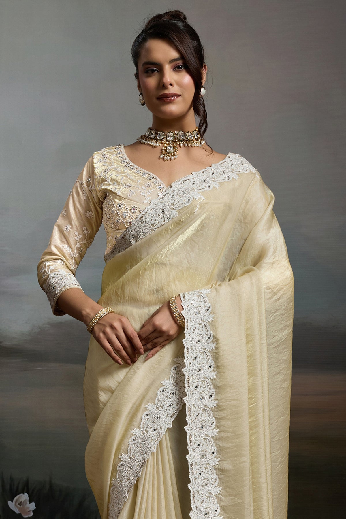 Cream Metallic Satin Velvet Saree-SAR12921_5_SareeButa.com