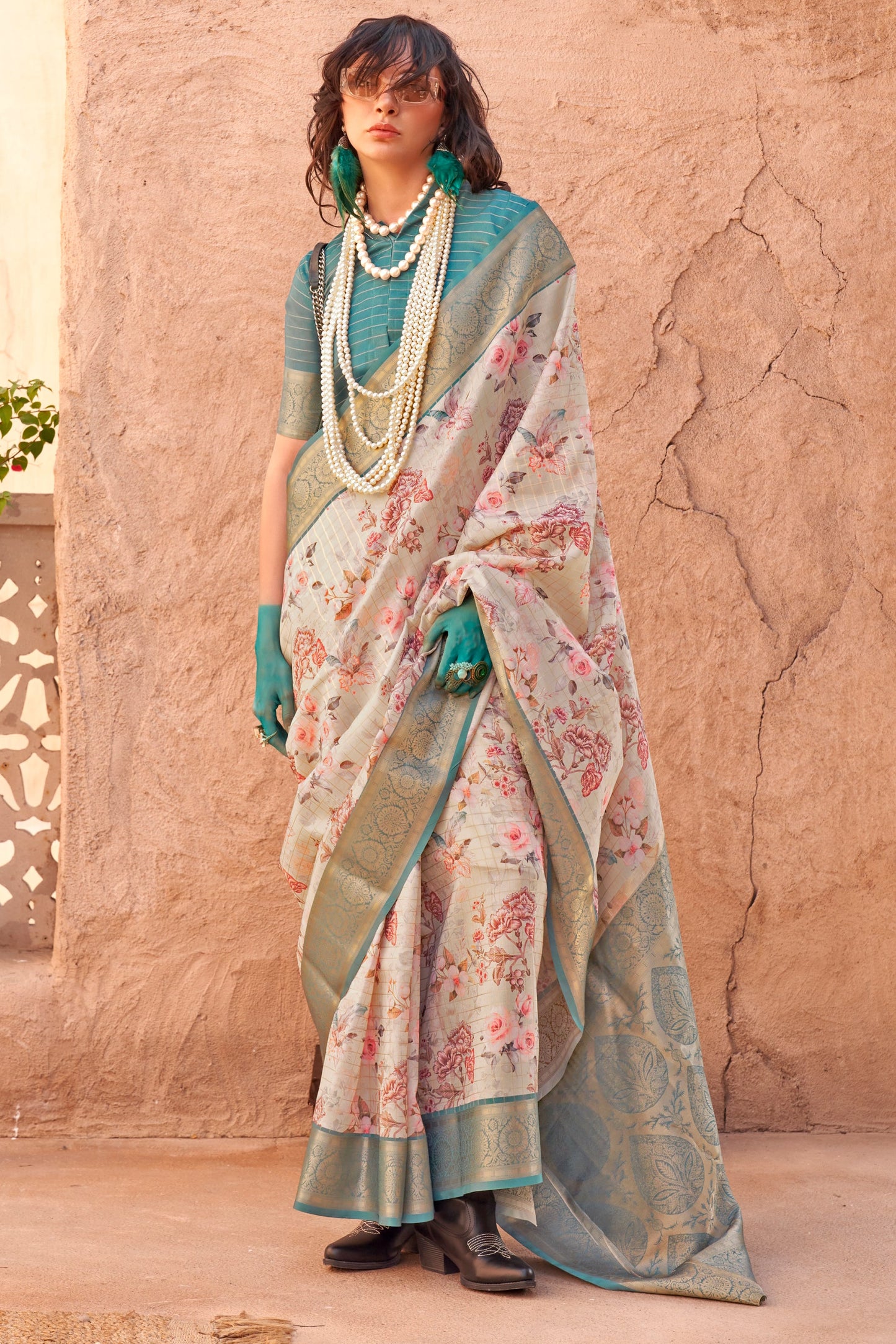 Cream Printed Georgette Saree with Jacquard Border-ZB133533_1_SareeButa.com
