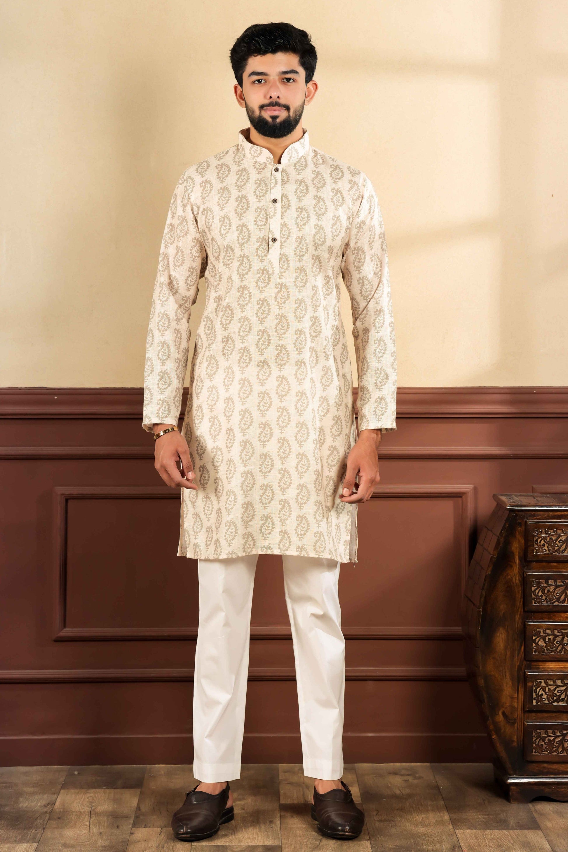 Cream Printed Linen Kurta Pajama-MW60_1_SareeButa.com