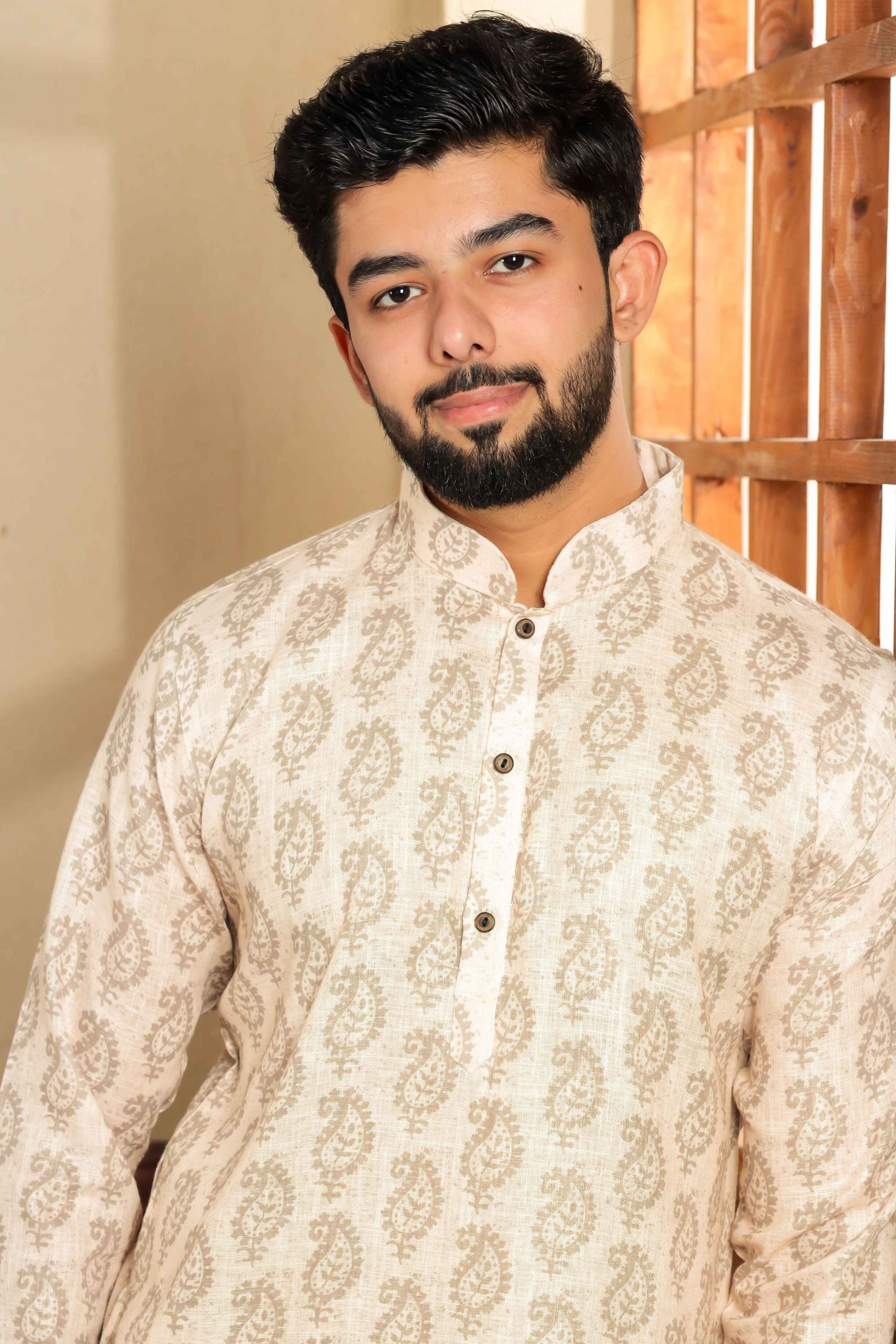 Cream Printed Linen Kurta Pajama-MW60_2_SareeButa.com
