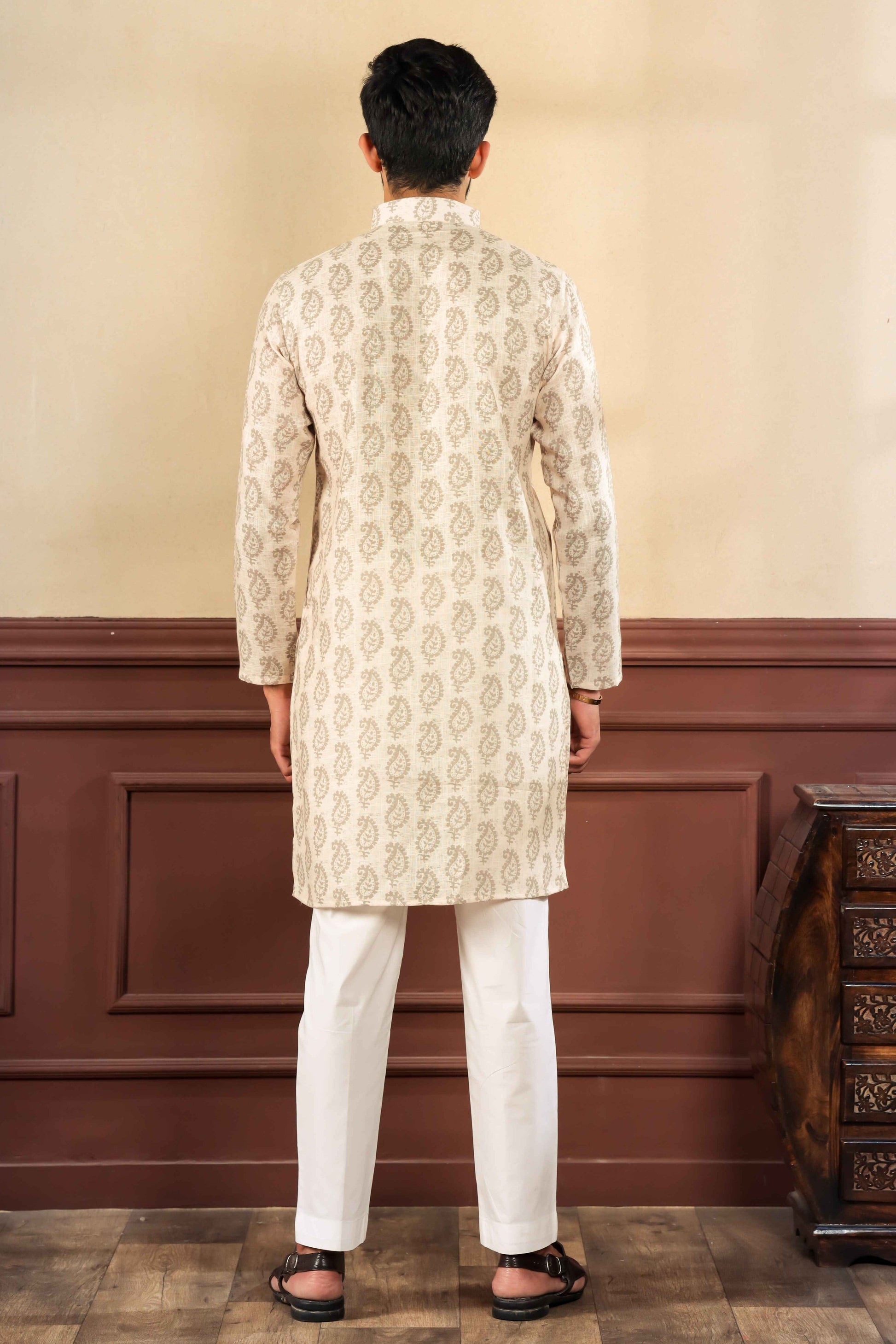 Cream Printed Linen Kurta Pajama-MW60_3_SareeButa.com