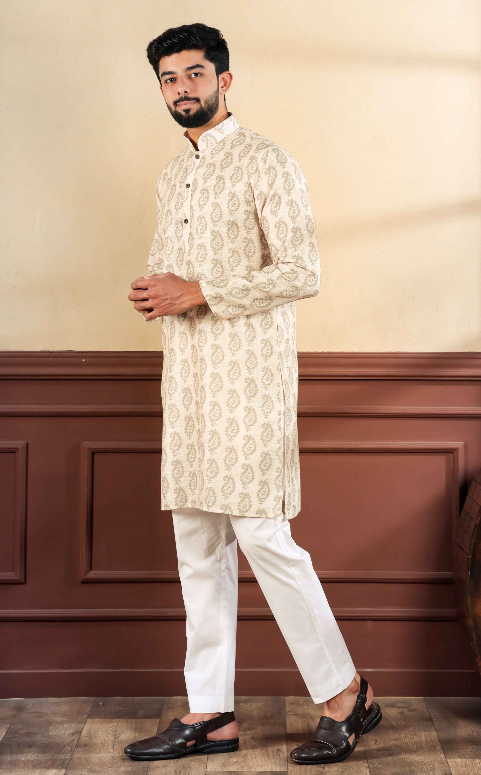 Cream Printed Linen Kurta Pajama-MW60_4_SareeButa.com