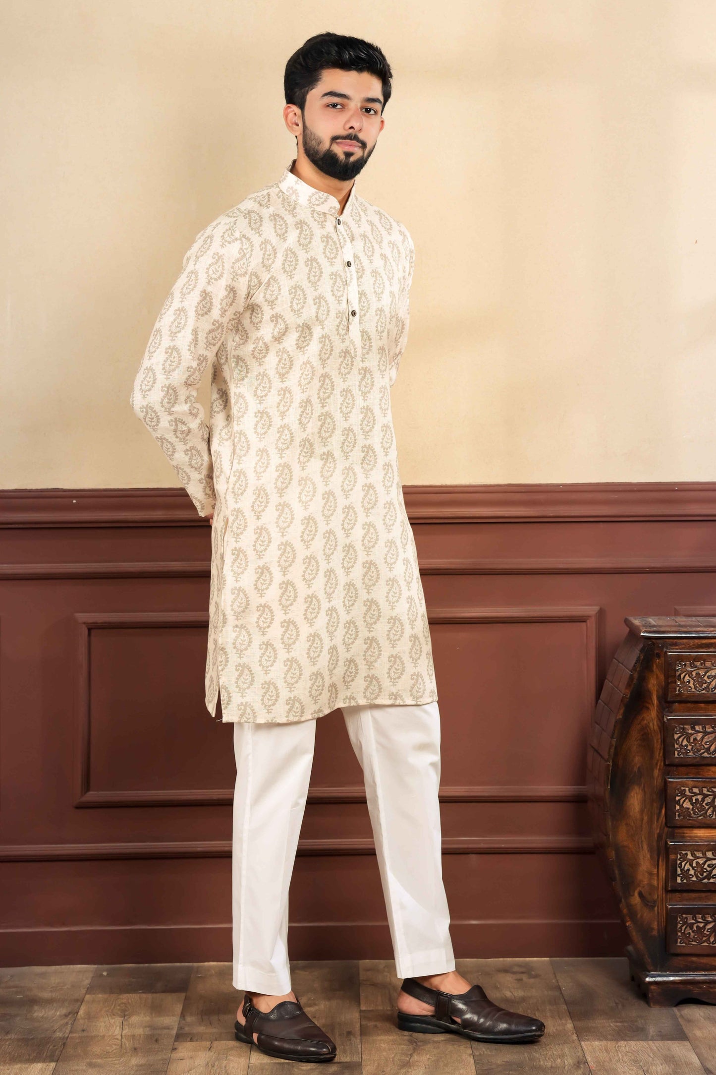 Cream Printed Linen Kurta Pajama-MW60_5_SareeButa.com