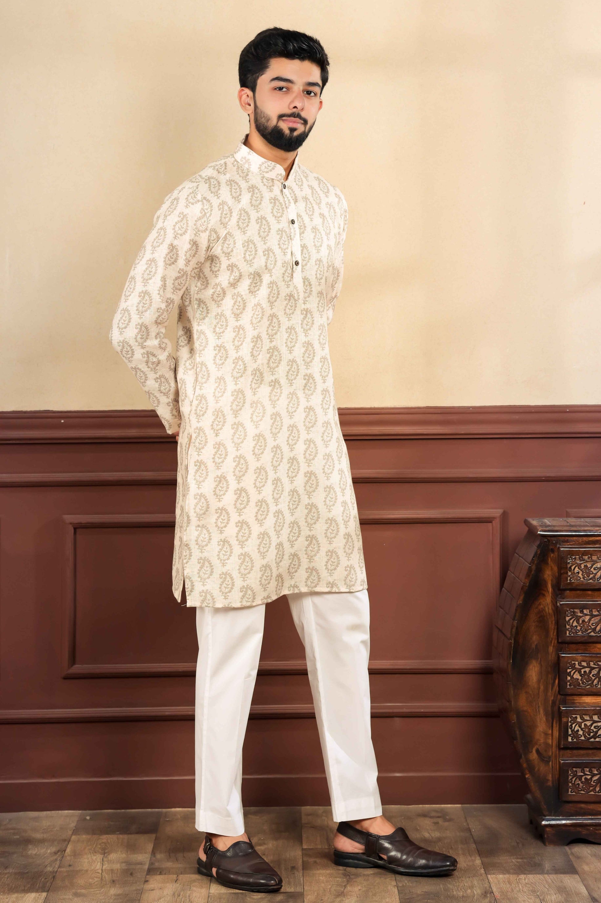 Cream Printed Linen Kurta Pajama-MW60_5_SareeButa.com