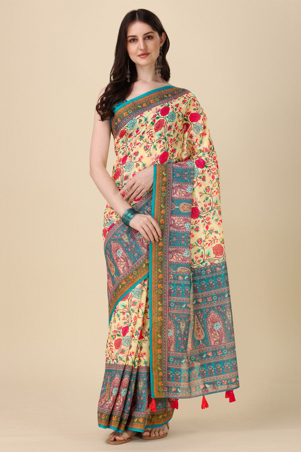 cream-printed-linen-saree-zb132685_1_SareeButa.com