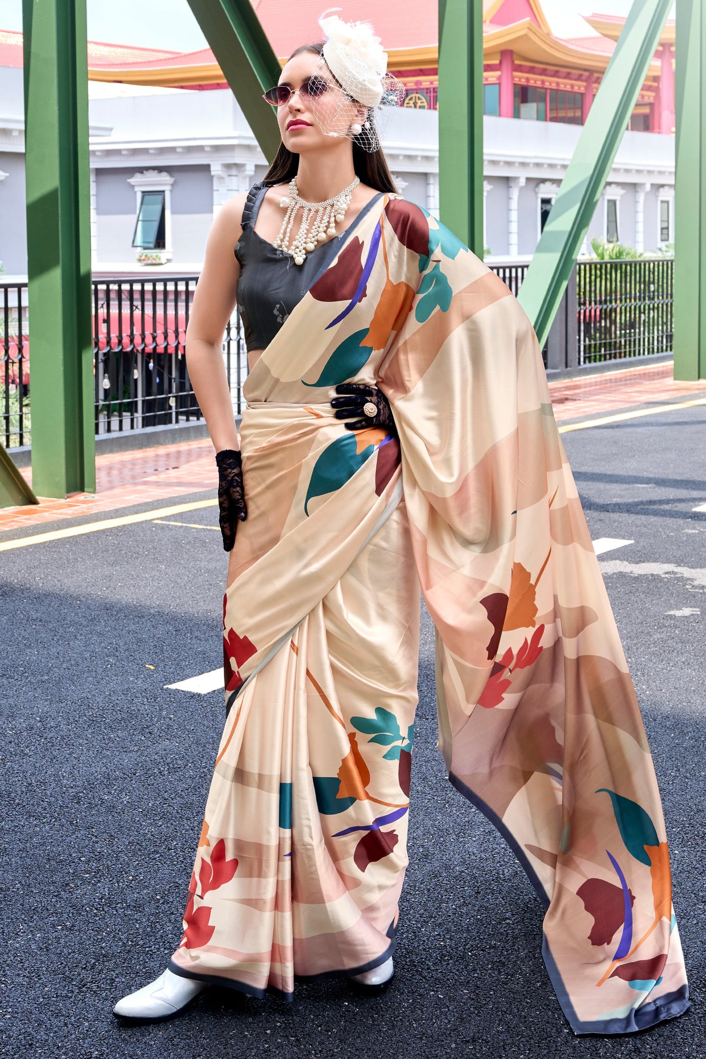 Cream Printed Satin Crepe Saree-ZB134007_1_SareeButa.com