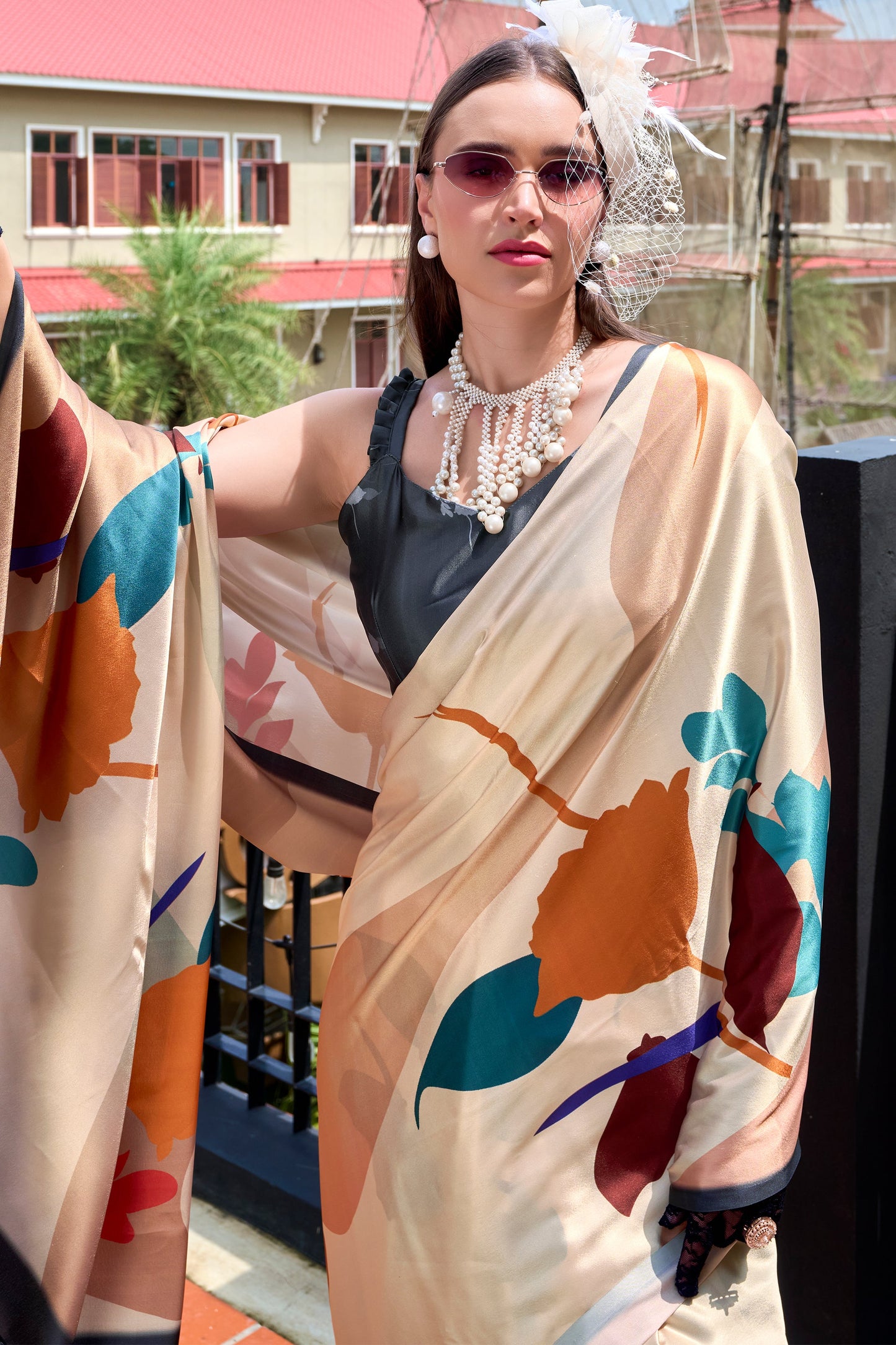 Cream Printed Satin Crepe Saree-ZB134007_2_SareeButa.com