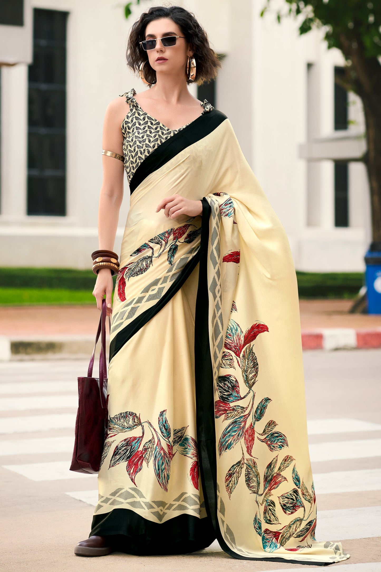 Cream Printed Satin Saree-ZB132474_1