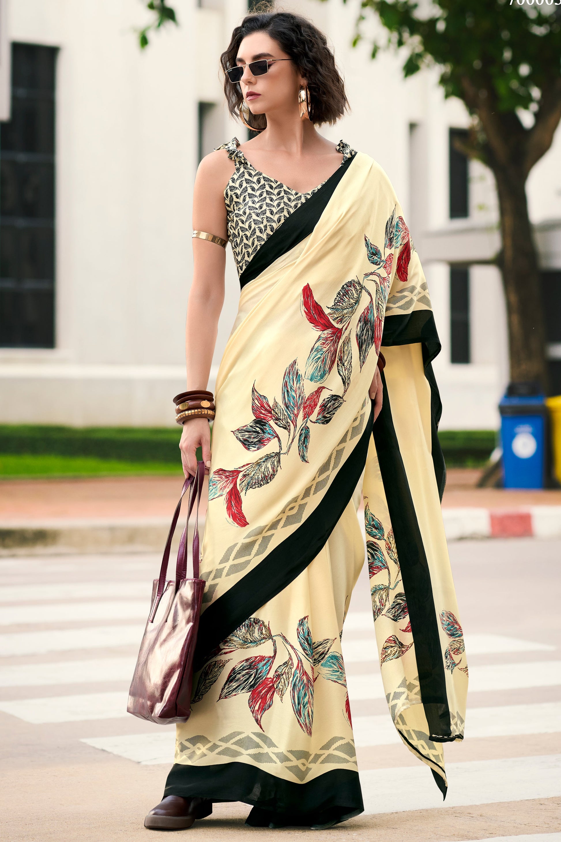 Cream Printed Satin Saree-ZB132474_3